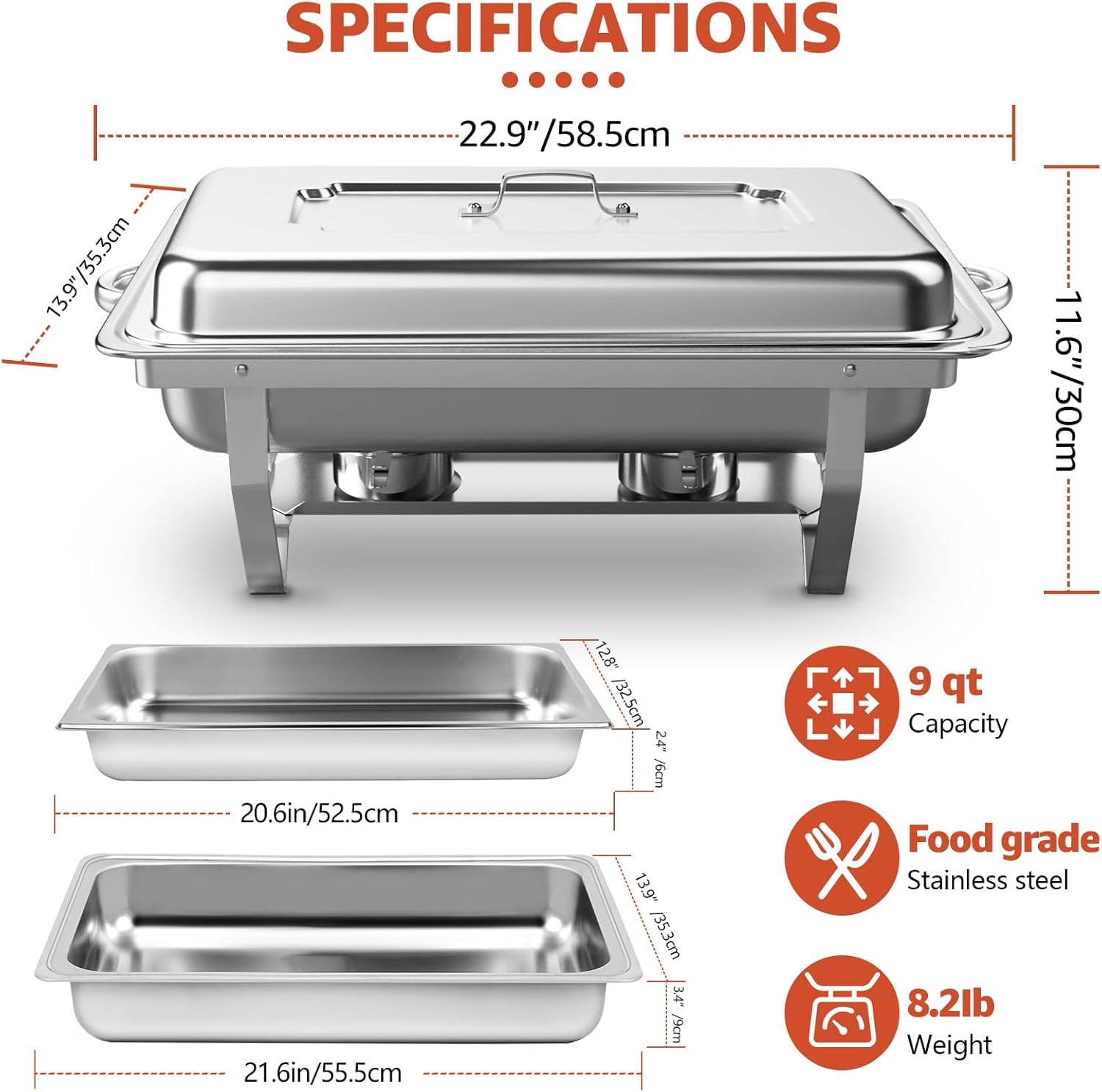 9QT 5 Pack Chafing Dishes for Buffet, Buffet Servers and Warmers for Parties Food-Grade Stainless Steel, Rolled Edge for Events & Weddings, Indoors & Outdoors