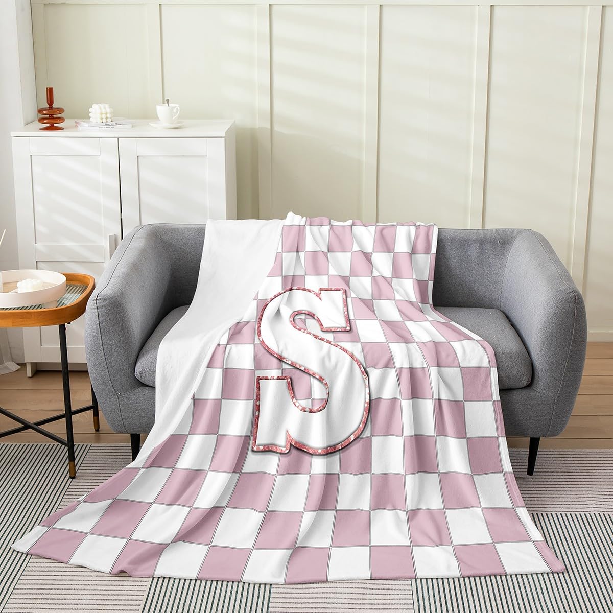 Erosebridal Pink Initial S Flannel Blanket Kawaii Plaid Checkered Fuzzy Plush Throw Cute Personalized Monogram Fleece Blanket for Kids Girls,Fashion Grids Gingham Decor for Bed Couch Throw 50"x60"