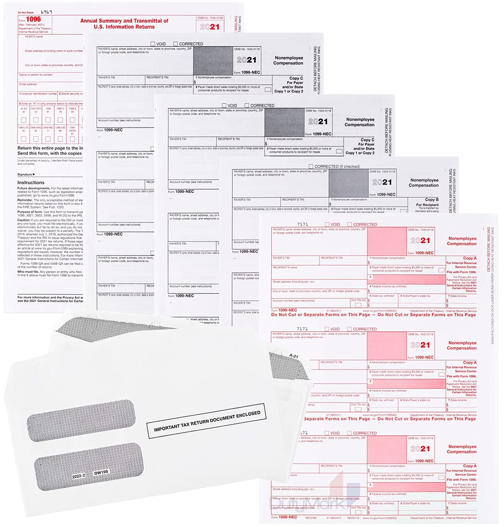 Dutymark1099-NEC Forms 2020, 4 Part Laser Tax Forms Kit and Self-Seal Envelopes, Pack of Federal/State Copy's, 1096's –Great for QuickBooks and Accounting Software, 2020 1099-NEC, 25 Pack
