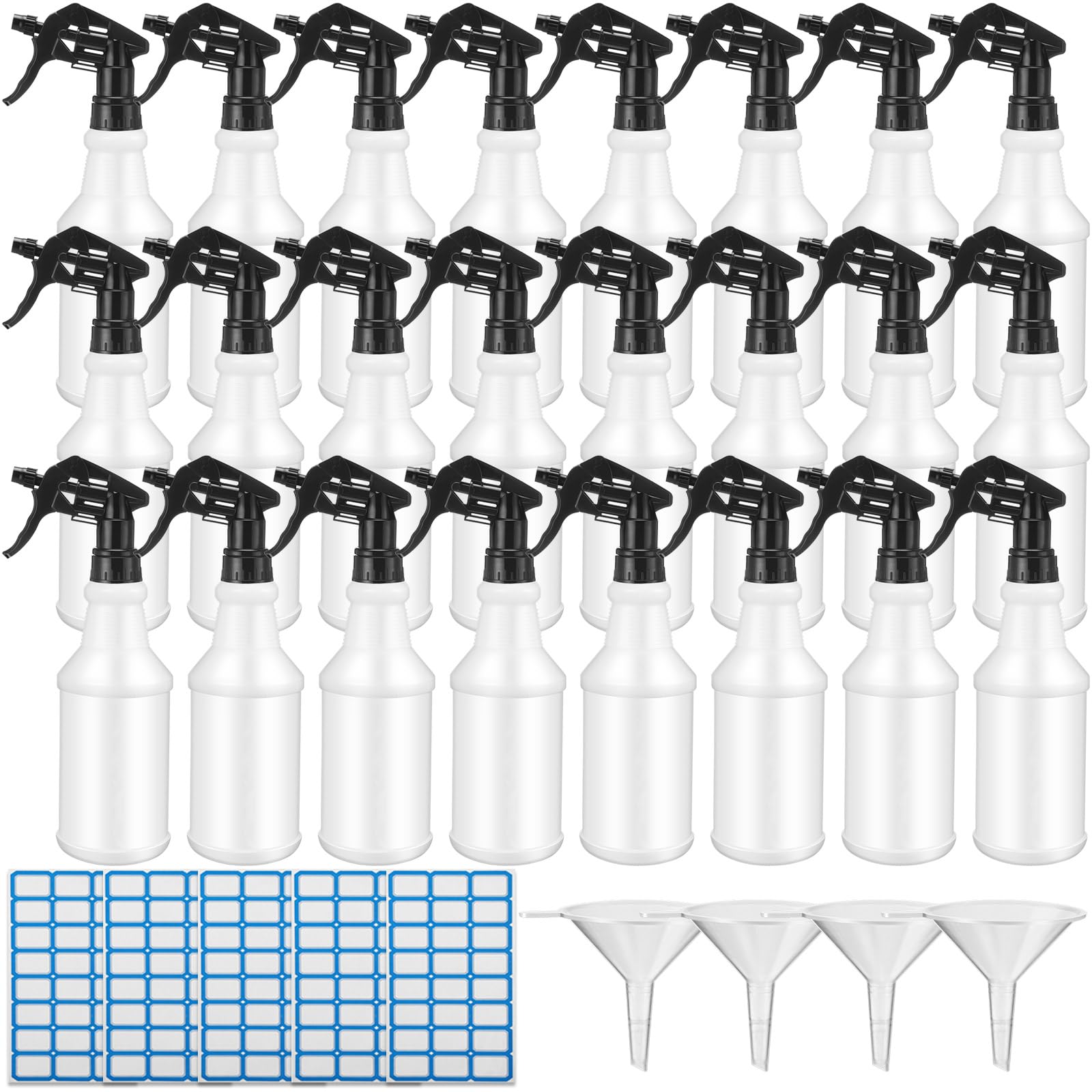 Zubebe 24 Pack 32 oz Plastic Spray Bottle Bulk Empty Leakproof Heavy Duty Spray Bottles for Cleaning Supplies Mist Bottles with Label and Adjustable