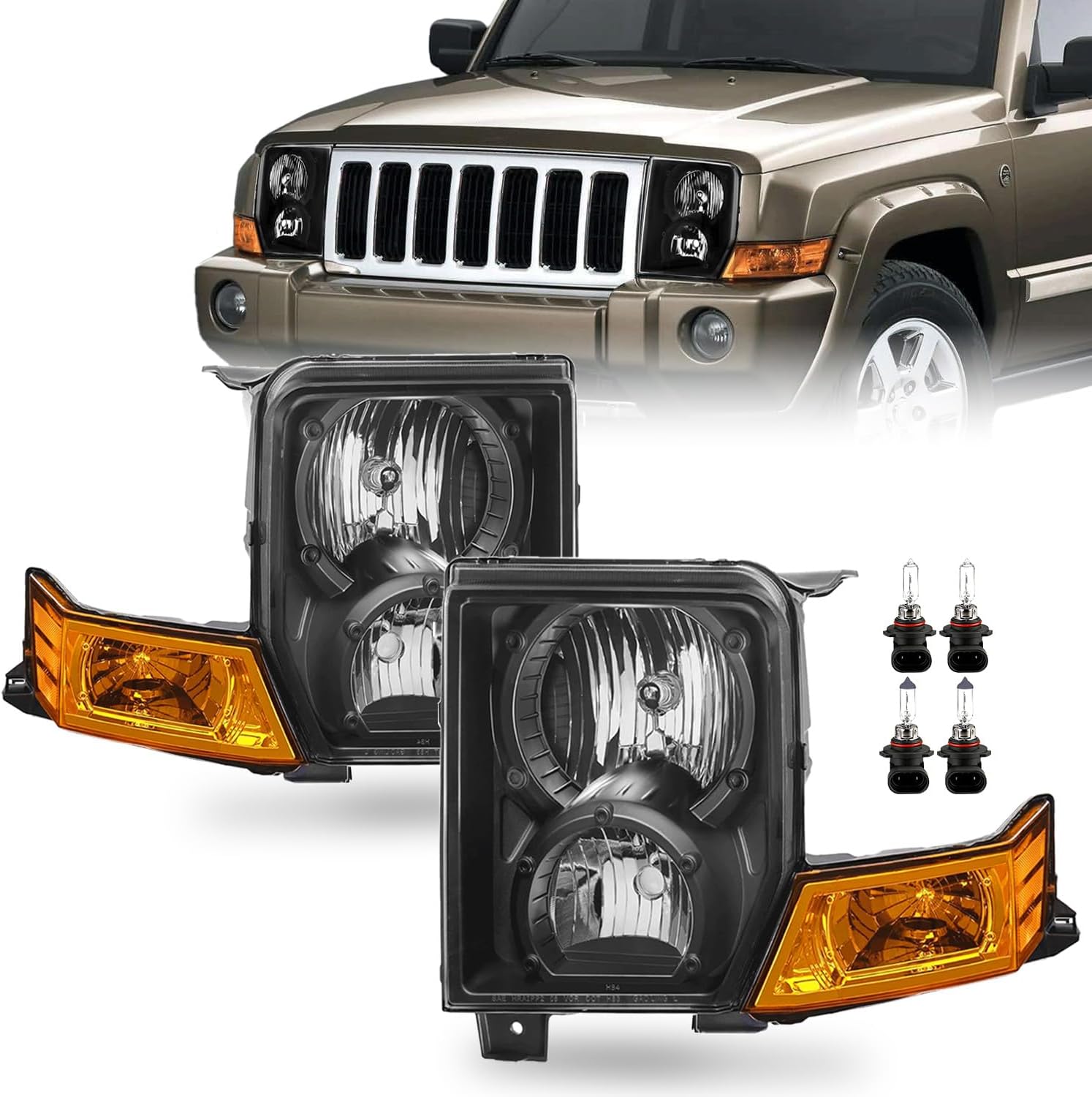 Headlights Assembly for 2006 2007 2008 2009 2010 Jeep Commander, Factory OE Replacement Halogen Headlamps with Bulbs, Black Housing Amber Reflector, Driver and Passenger Side