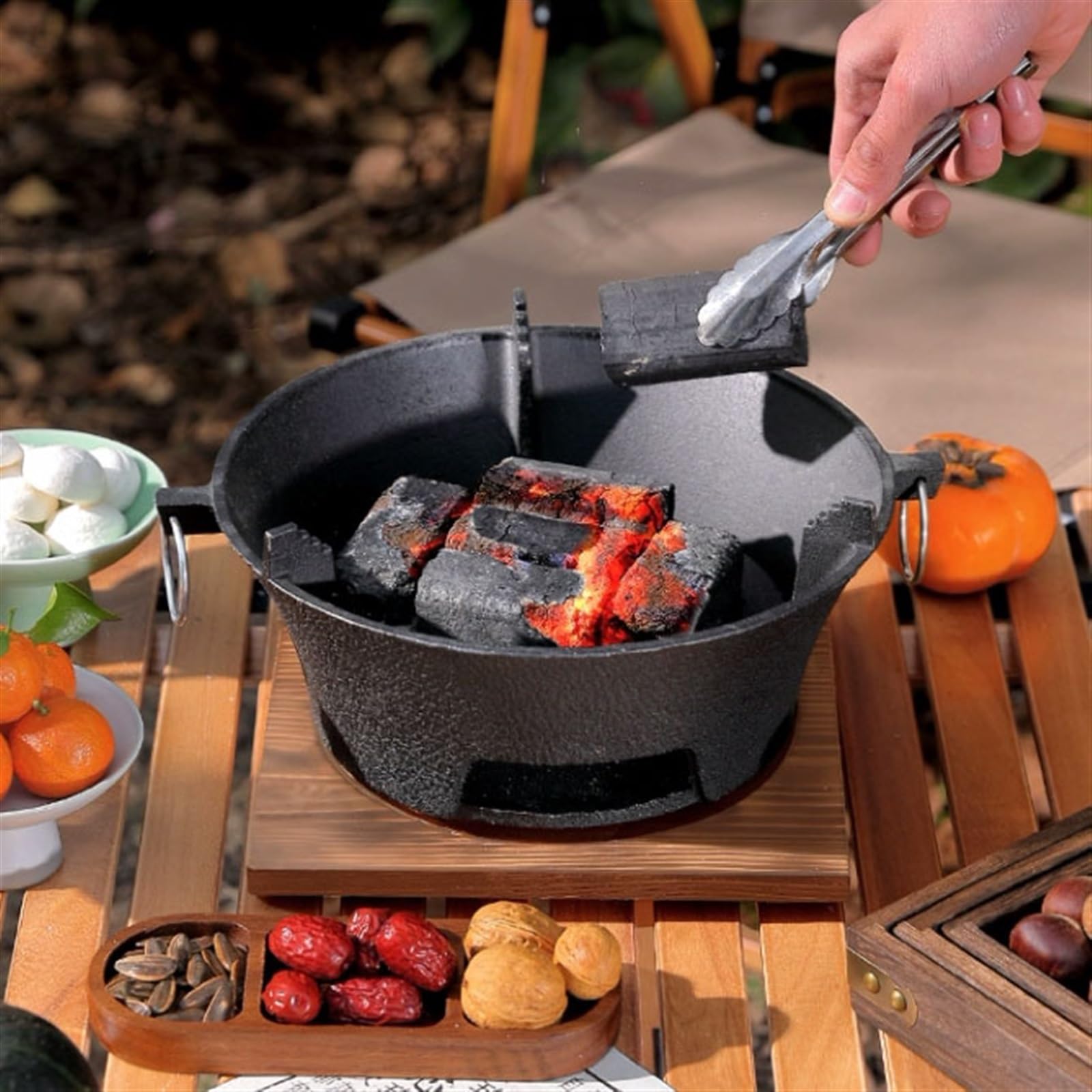 Portátil Parrilla de carbón for barbacoa hierro fundido grueso, estufa calefacción for interiores y exteriores, horno antiadherente con bandeja for asar red for parrilla Cámping(Middle)