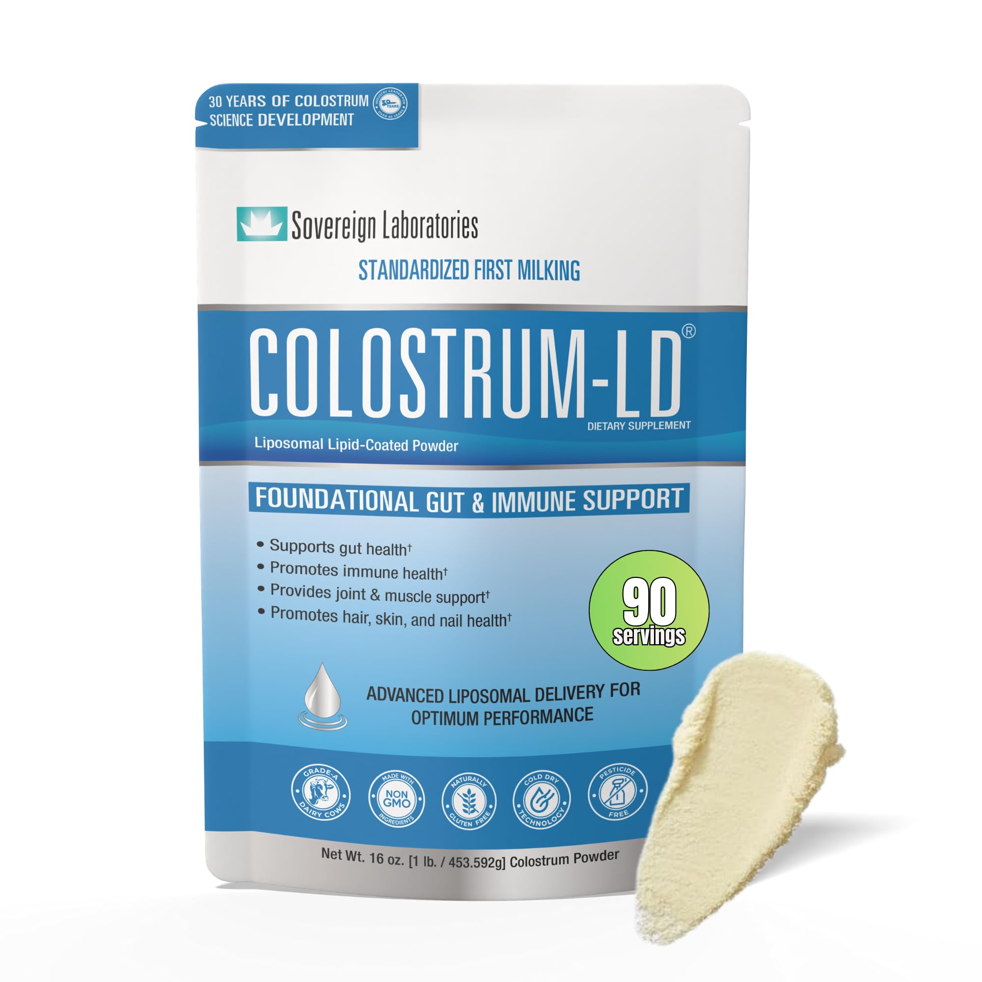 Colostrum-LD Advanced Absorption Liposomal Powder - Halal Certified Proprietary Tech Provides up to 1500% More Bio-Availability Over Regular - 454 Grams by Sovereign Laboratories