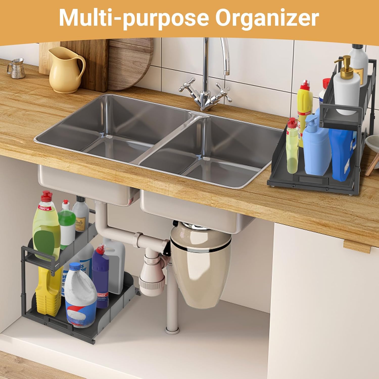 Under Kitchen Sink Organizer, 2 Tier Metal Pull Out Cabinet Organizer with Sliding Drawer, Heavy Duty Bathroom Organizers and Storage Shelf, Storage and organization for Home,Laundry,Office, 2 Pack