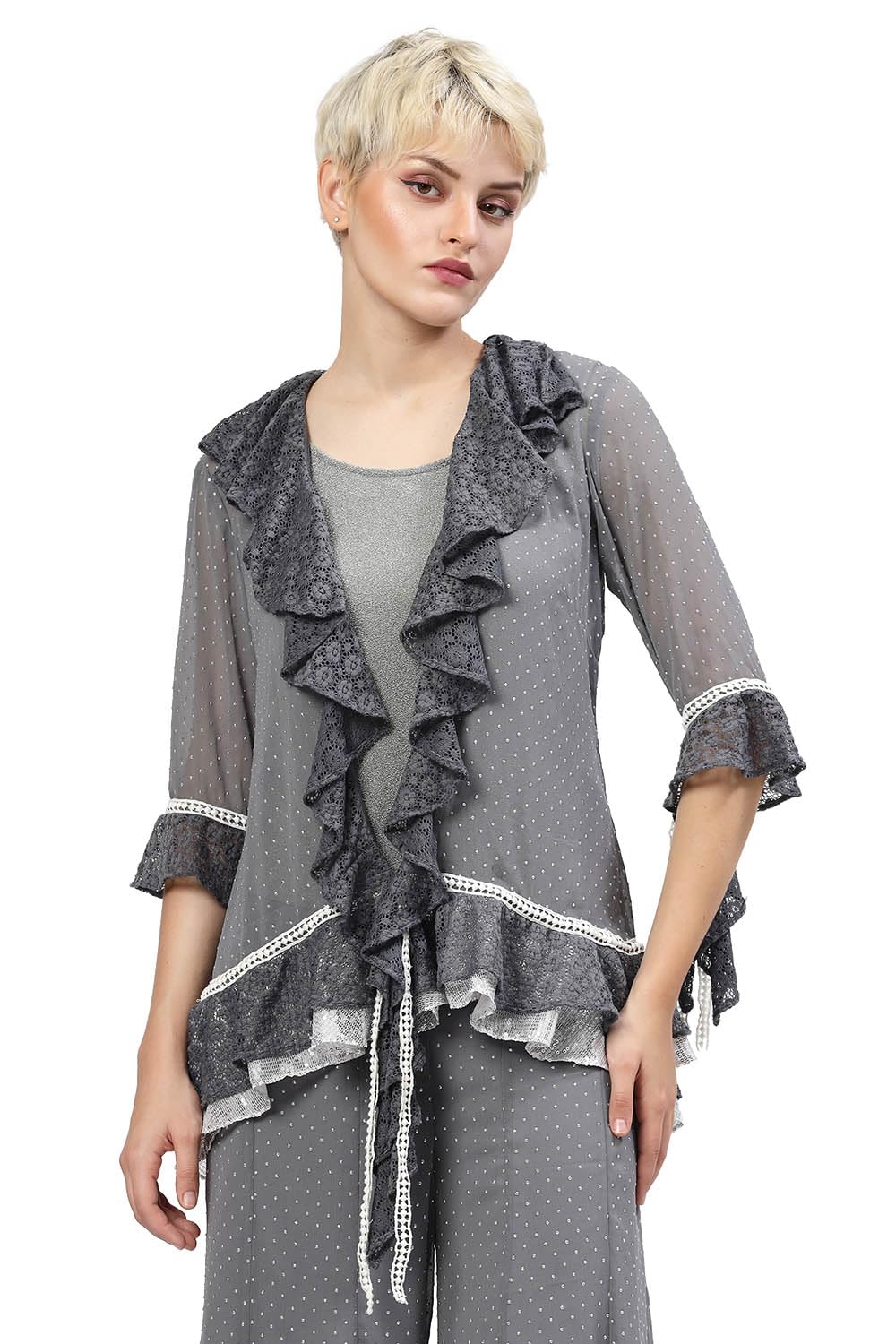 lela Women Grey Georgette Frill Shrug with Silver Dots and Inner | Extra Small-picture-41