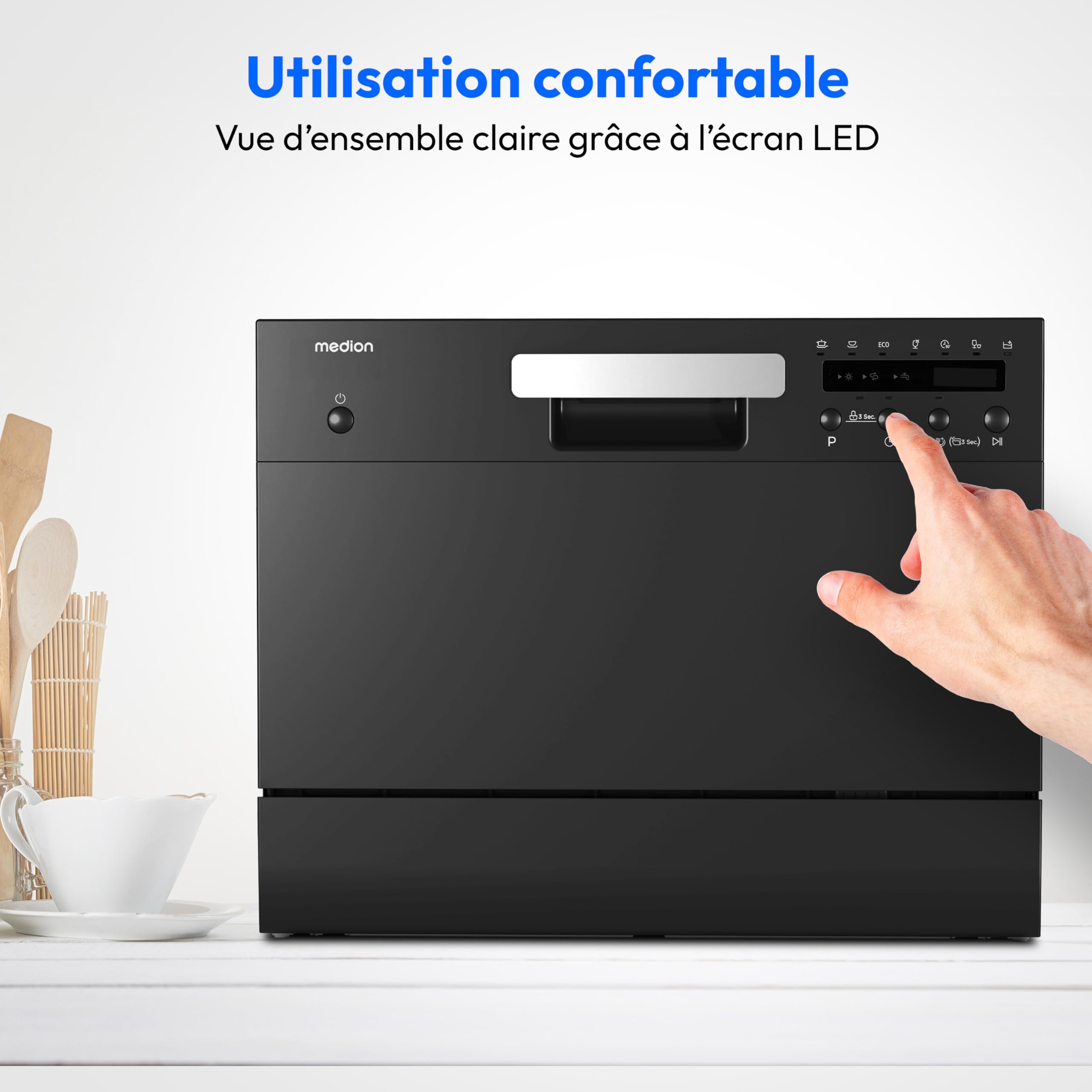 MEDION Lave-vaisselle de table DWT 60 (capacité 6 couverts, 7 programmes, affichage LED, 47 dB, MD37496), noir
