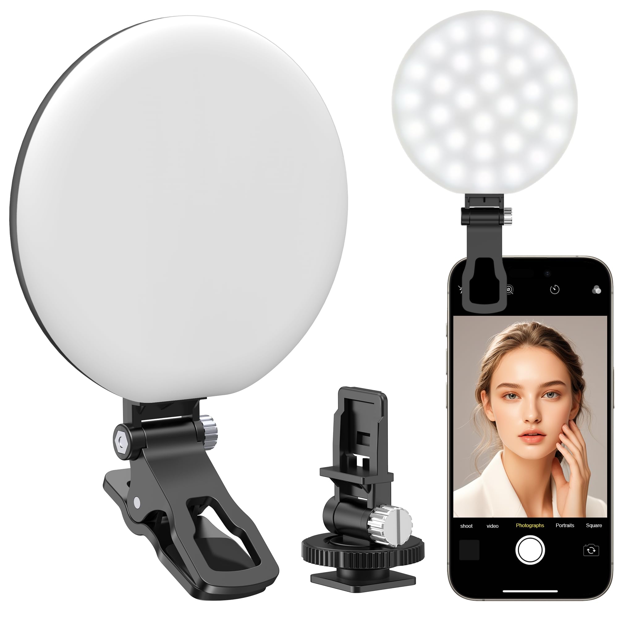 60 LED Ring Light, Rechargeable Selfie With Front & Back Clip, 2500-6500K Portable Phone, Adjustable 3 Modes for iPhone, iPad, Tablet, Laptop, CRI97+, 90 Grams (Black)