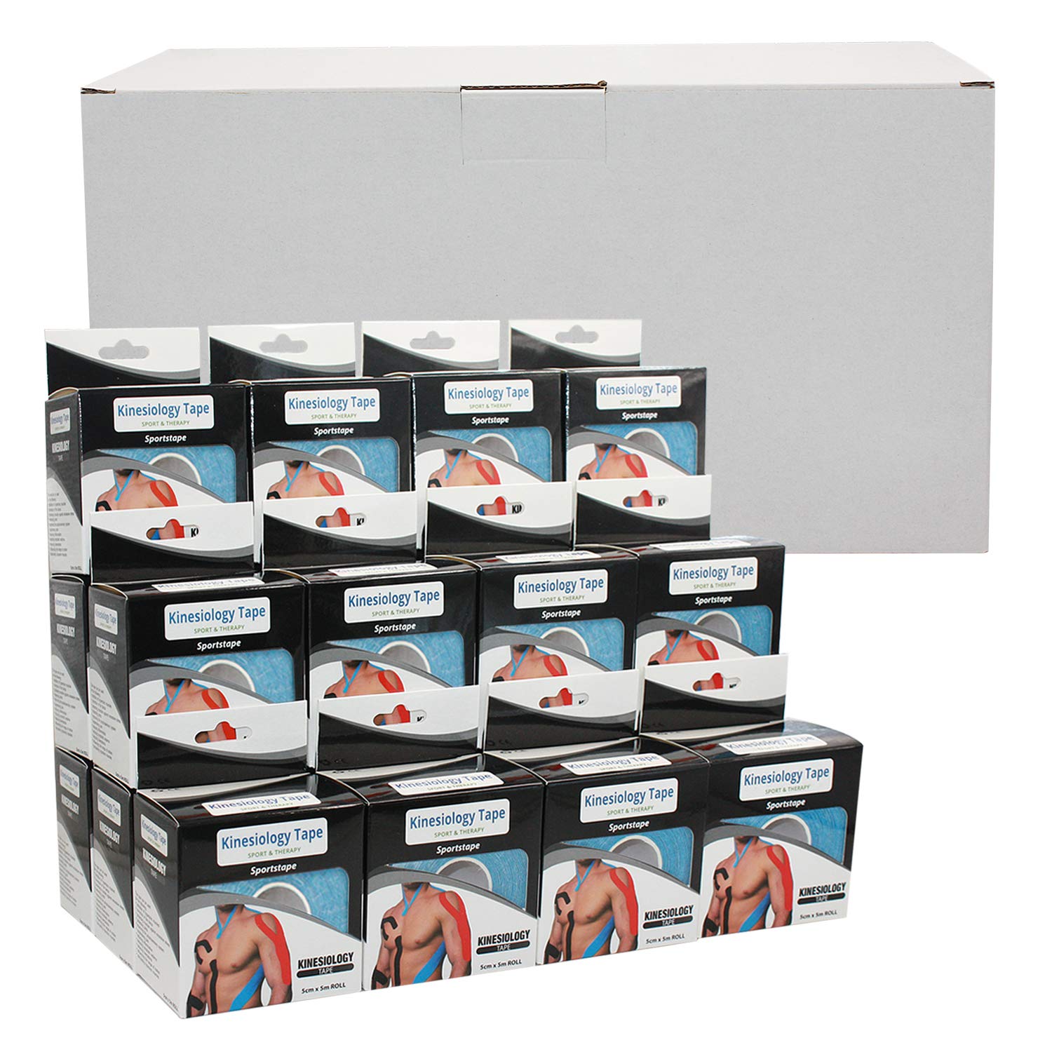 Lot de 24 bandes de kinésiologie de 5 cm x 5 m - Pour muscles, kinésiologie, sport, thérapeutique, blessures, bandages élastiques pour le sport, la physiothérapie et la médecine, bleu