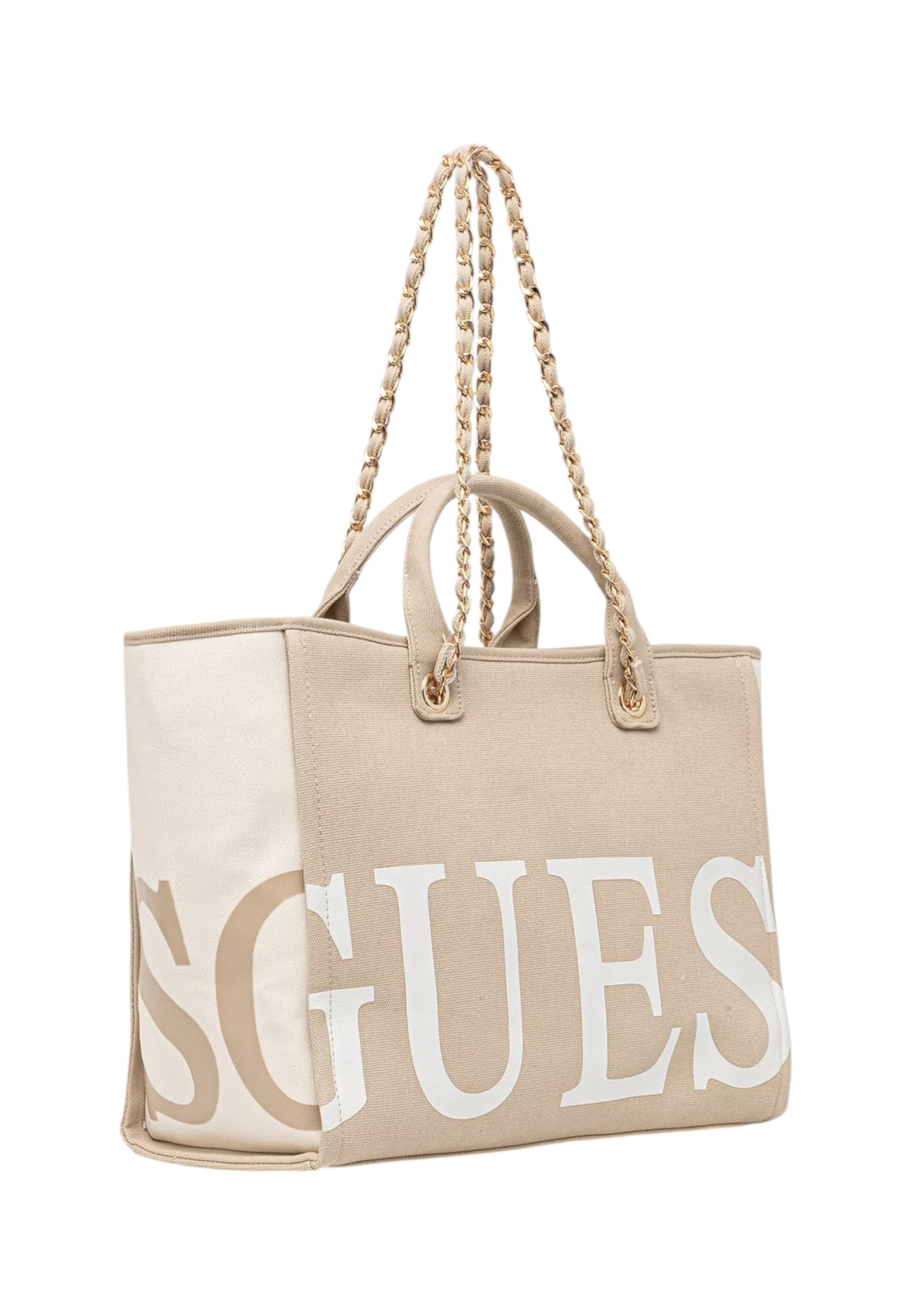 GUESS Strandtasche für Damen aus Stoff mit Logo, Beige, 50 x 31 x 18 cm, mit Griffen und Kettengurt, Reißverschluss