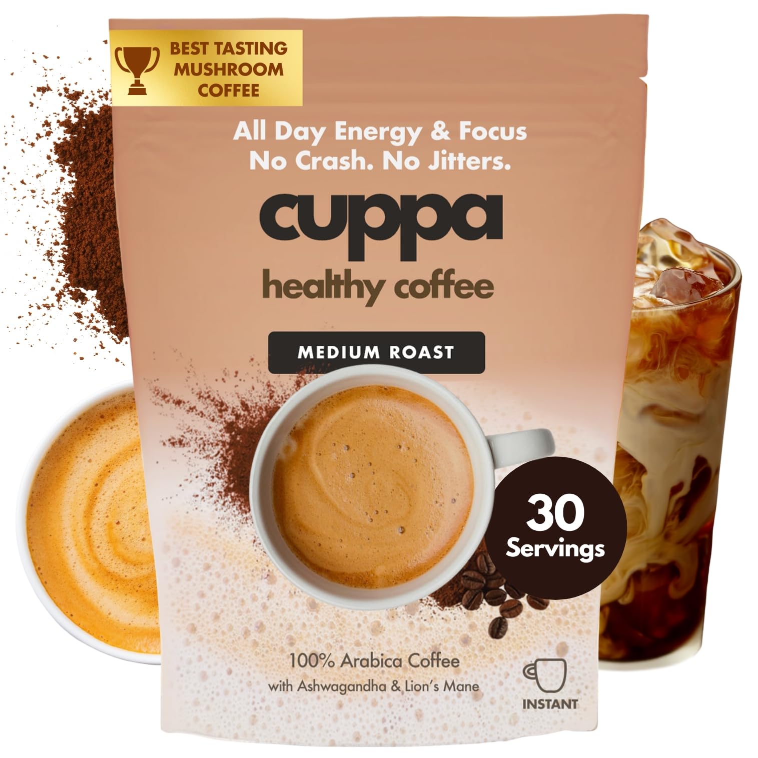 Cuppa Medium Roast Mushroom Coffee with Adaptogens Superfoods - Lions Mane Ashwagandha Cordyceps Adaptogens MCT to support natural — view 3