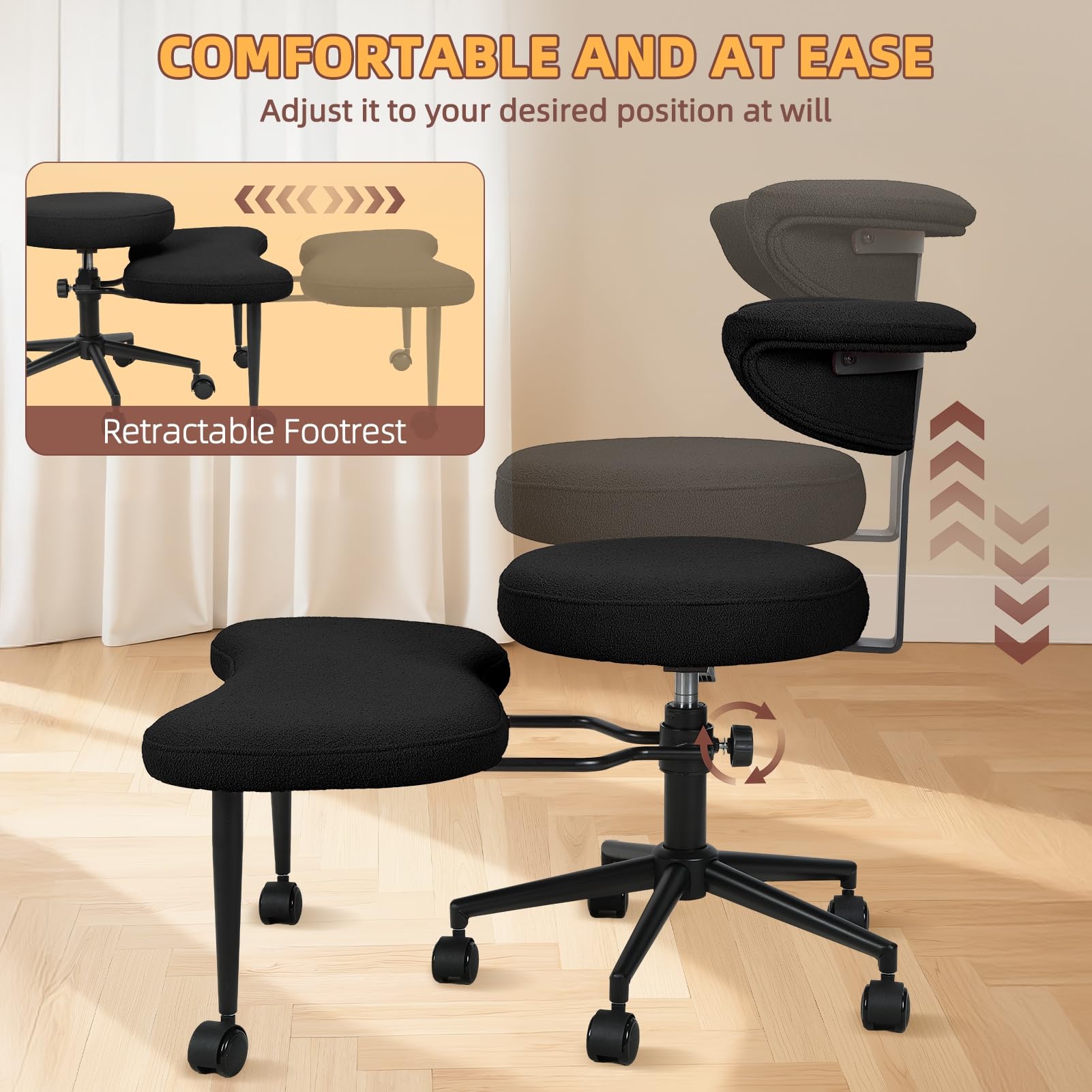 Ergonomischer Kniestuhl mit um 360° drehbarer Fußstütze – Bürostuhl mit gekreuzten Beinen, Lordosenstütze und Einstellbarer Höhe für Zuhause, Yoga und Meditation Schwarz