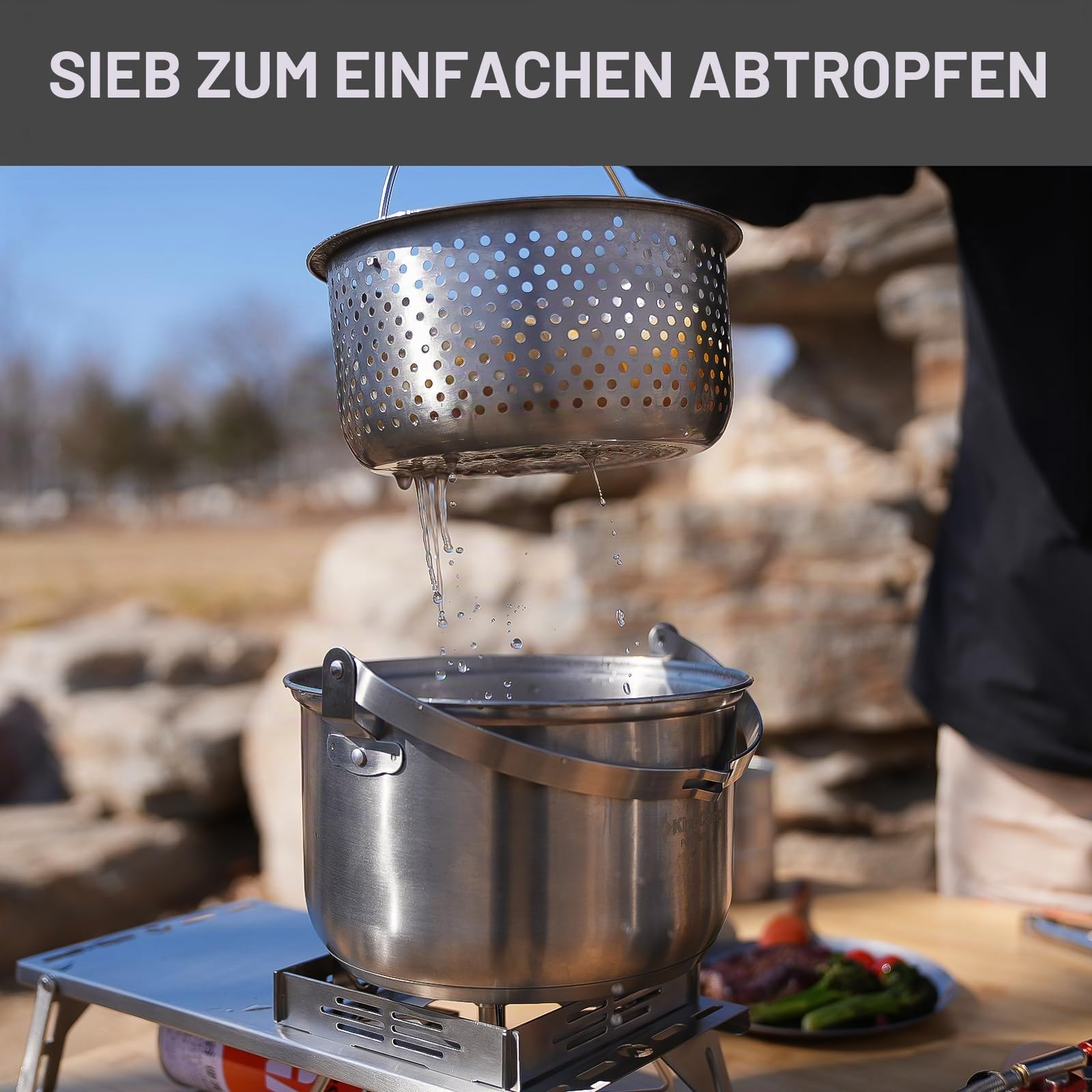 KingCamp Camping-Kochgeschirr-Set, 304 Edelstahl, Lagerfeuer, Kochtöpfe, Pfanne und Wasserkocher mit Reisetasche, für Camping, Outdoor, Küche, Kochen, Picknick für 4–6 Jahre | Tragbare stapelbare Lagerfeuer Kochtöpfe Pfanne und Wasserkocher mit Reisetasch