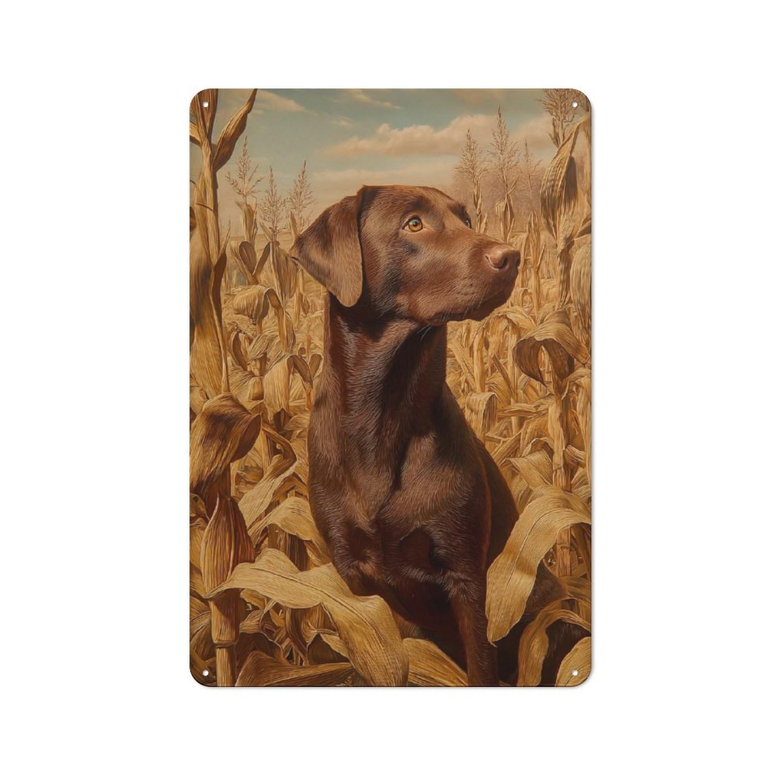 Junmoney Style-22 Metal Wall Plaque With Chocolate Labrador In Cornfield Design 30X20cm, Simple Retro Creative Space Decor For Office, Study, Studio Or Hallway