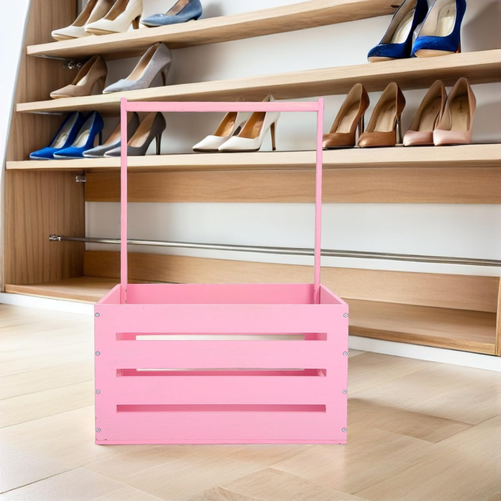 Cesta de Madera Rosa con Asa para Guardar Regalos de Baby Shower