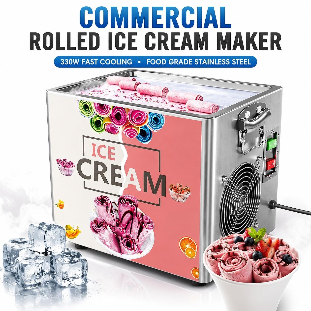Gelatiera elettrica per gelato arrotolato, macchina professionale da banco in acciaio inox, piastra fredda con 2 raschietti per caffè e piccole imprese fai da te