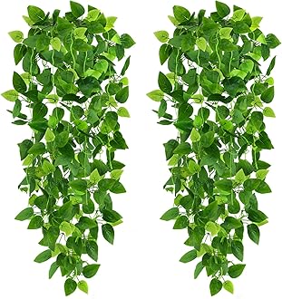 CEWOR 2pcs Fake Hanging Plants for Room Decor, 3.6ft Artificial Ivy Pothos Vine for Wall Living Room Patio Indoor Outdoor Home Shelf Office Decor (No Baskets)