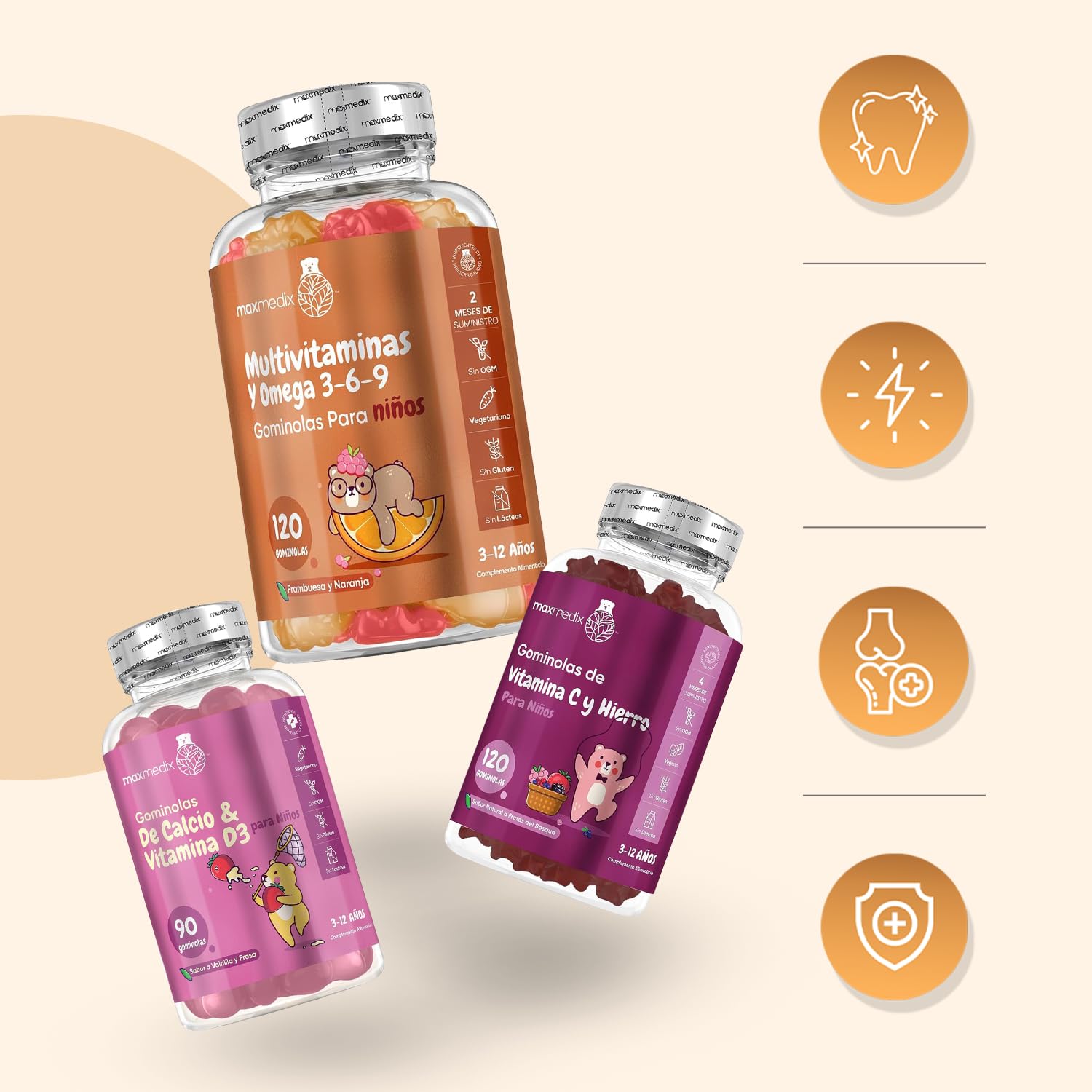 Con Omega 3-6-9, Hierro con Vitamina C y Calcio con Vitamina D3 - Pack de Gominolas Masticables - Sin Gluten ni OGM
