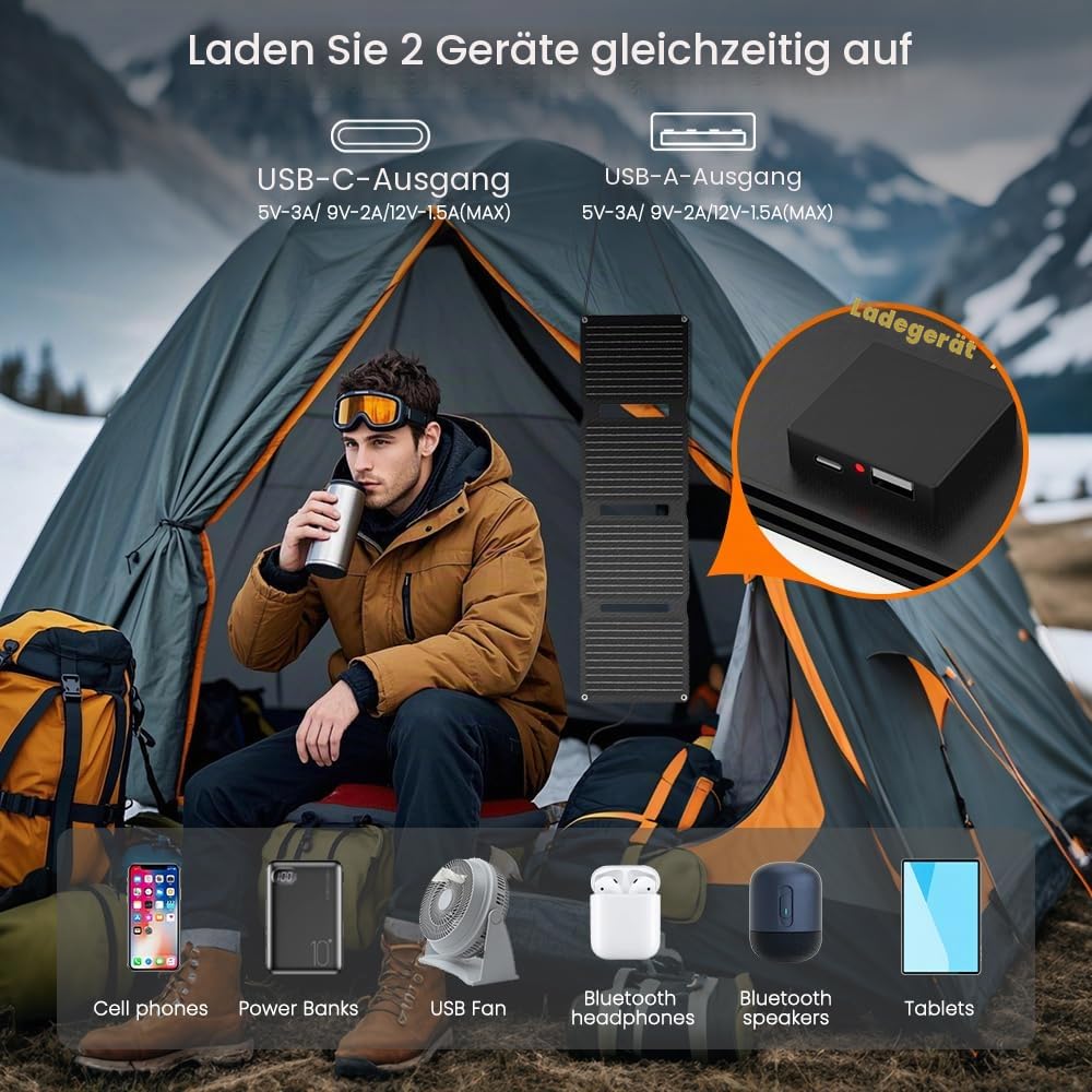 FlexSolar Tragbares faltbares Solarpanel mit 30 W QC3.0 18 W USB-A USB-C Wasserdicht IP67 Schnellladung für Handys, Tablets, Powerbank, Kamera, Taschenlampe für Camping und Wandern
