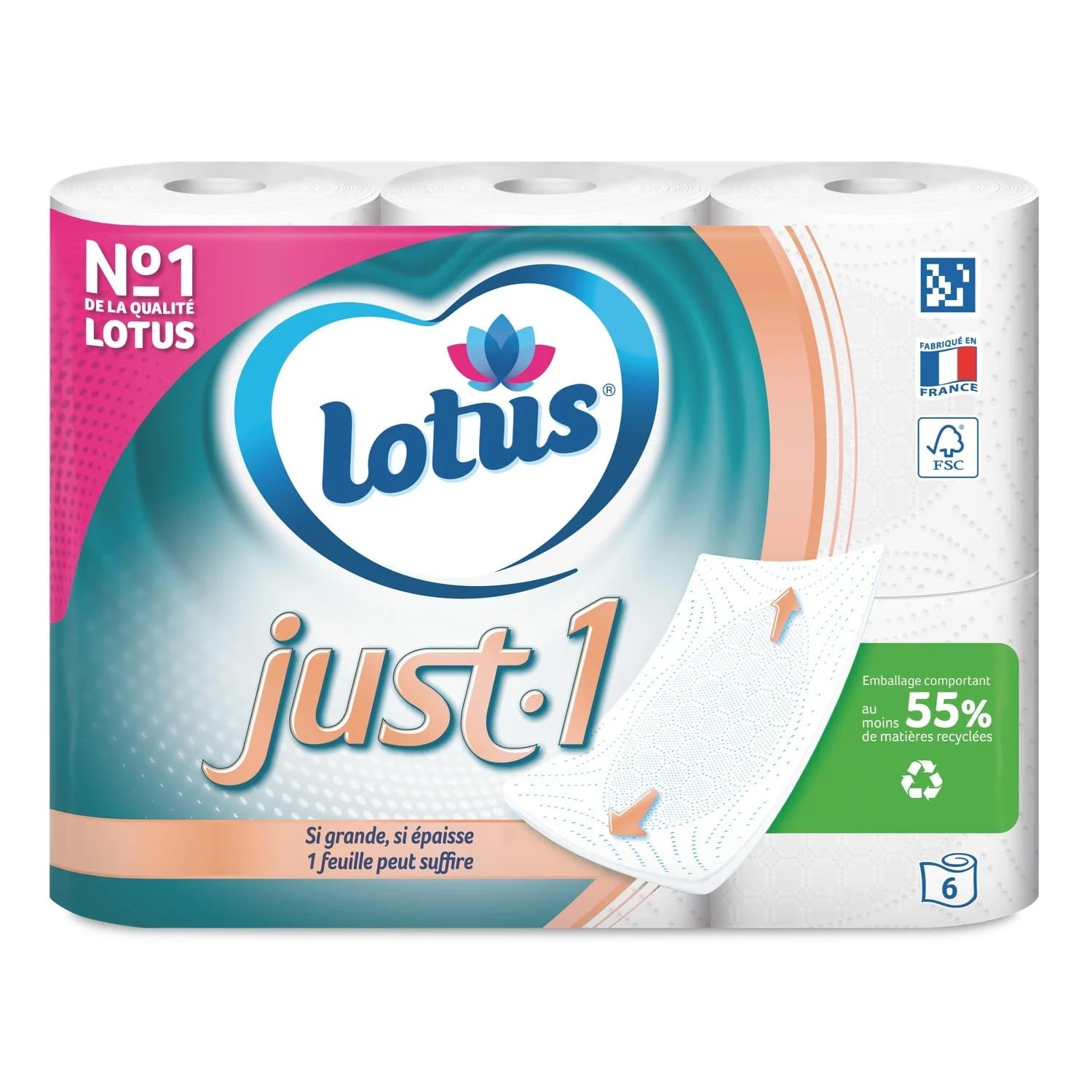 Lotus Just 1, carta igienica bianca, 6 rotoli, ultra morbida, di alta qualità, confezione da 6