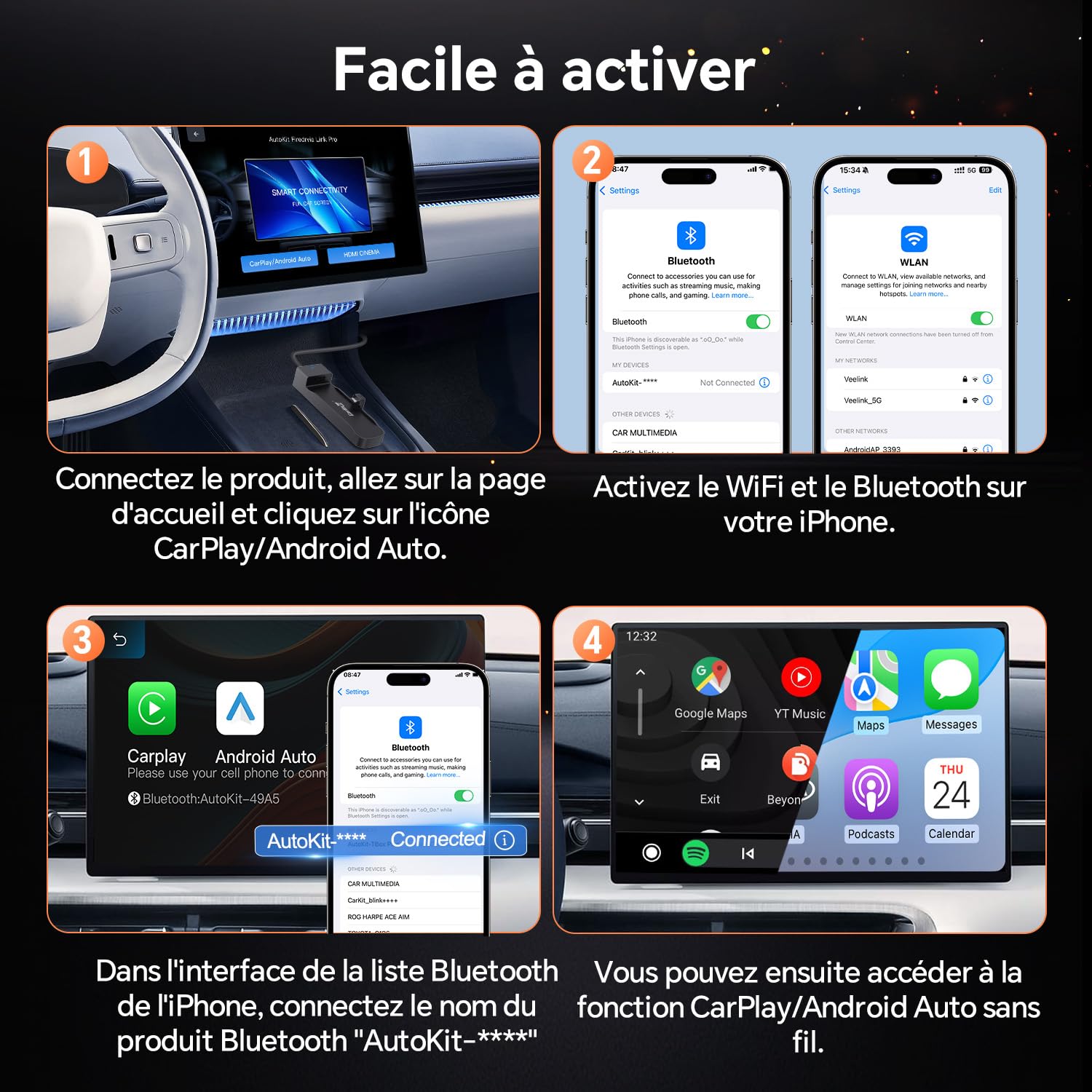 Carlinkit FireDrive Link Pro Adaptateur TV Stick vers CarPlay, convertit CarPlay filaire en HDMI, prend en charge CarPlay sans fil et Android Auto, conserve les commandes OEM et le micro, Plug & Play