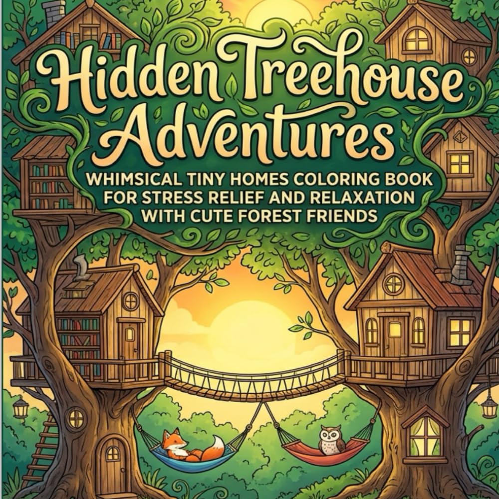 Hidden Treehouse Adventures: Whimsical Tiny Homes Coloring Book for Adults: Cozy Forest Escapes with Multi-Level Treehouses and Cute Woodland Friends for Stress Relief