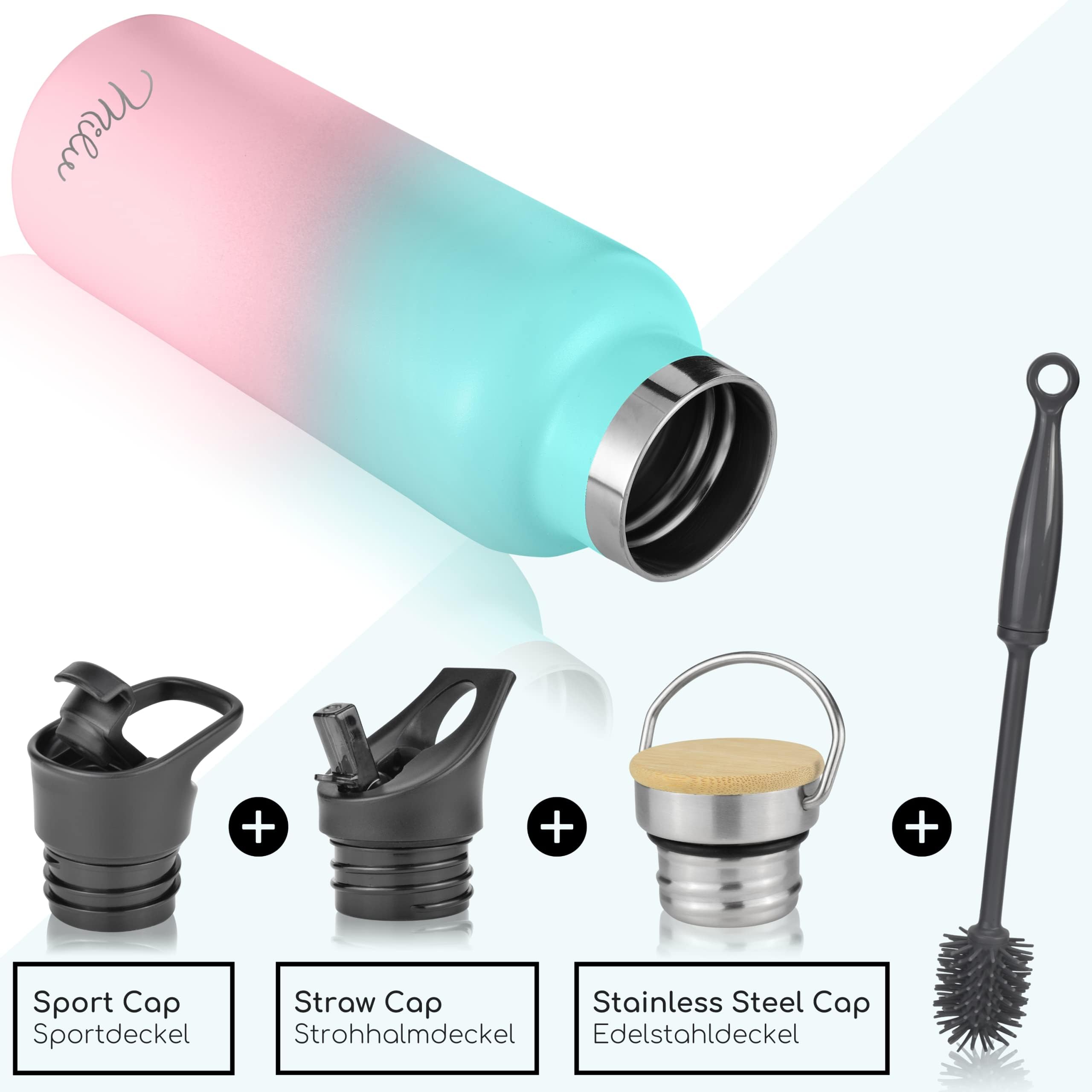 Milu Stainless Steel Drinking Bottle 350ml, 500ml, 750ml, 1l (+3 Lids), Thermo Bottle with Straw, Water Bottle - Image 2