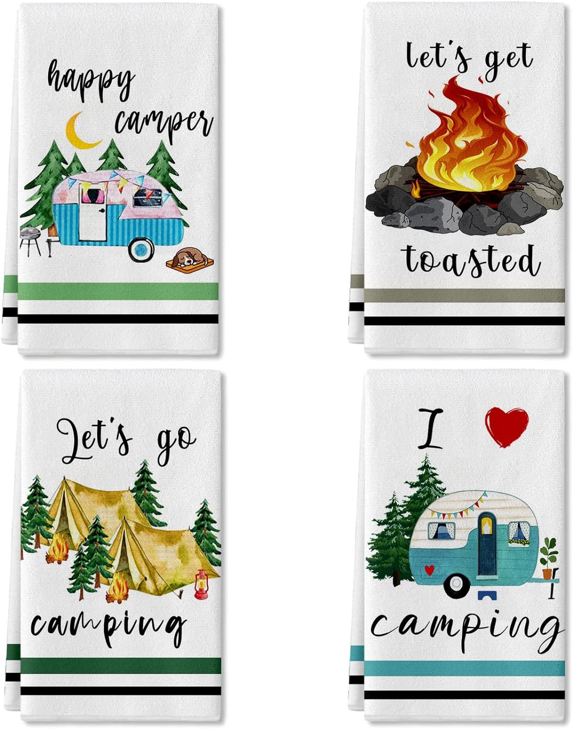 Camping Kitchen Towels Set of 4 Dish Towels Kitchen Hand Towels Kit Printed with Funny Sayings Novelty Gifts for Campers Happy Camper Camping Tent Pine Tree Farmhouse RV Decor Sign Home Decorations