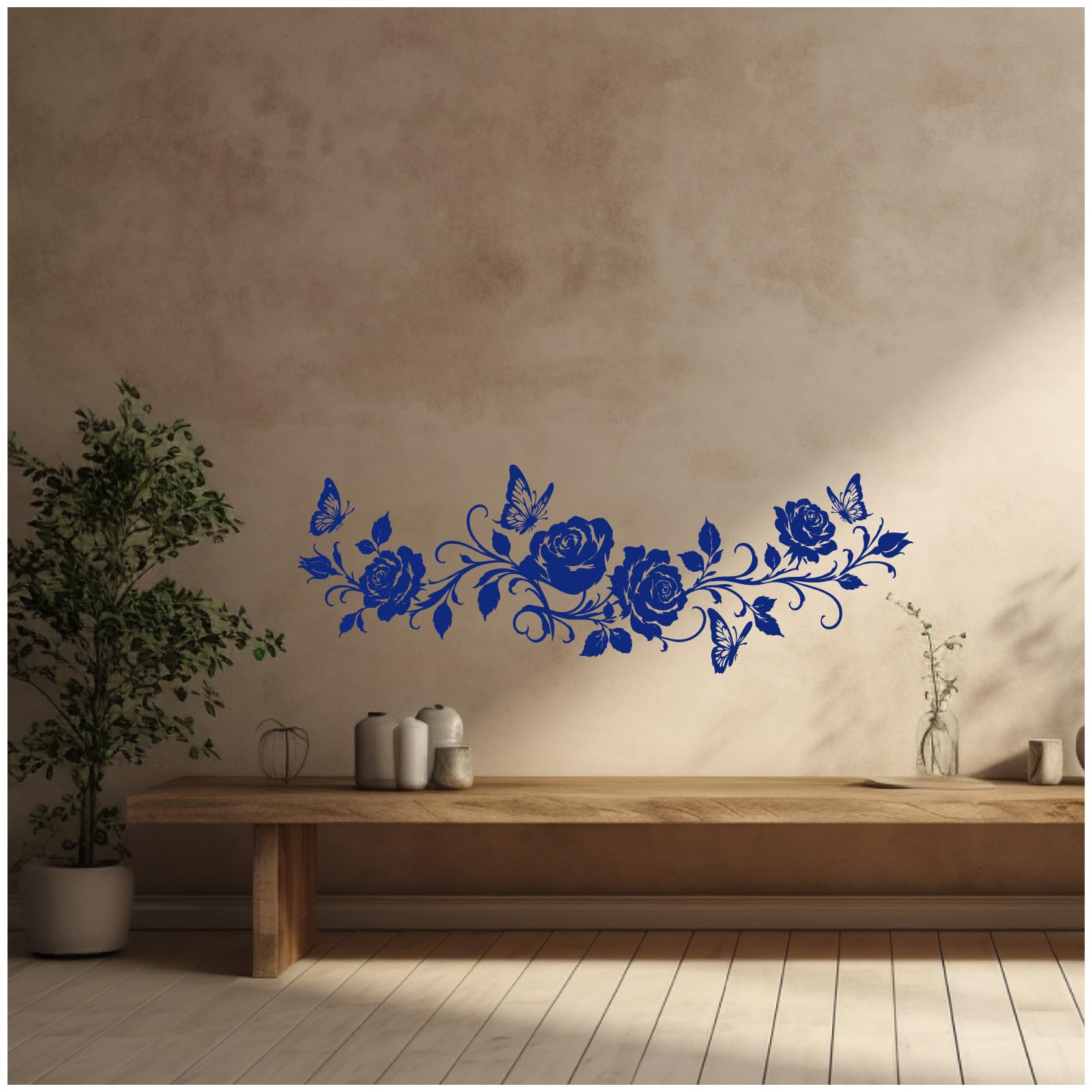 Samunshi® Wandtattoo Rosen Blumenranke länglich mit Schmetterlingen Elegante Blumen Wanddekoration Florales Wandmotiv für Wohnzimmer, Schlafzimmer, Flur und Küche braun 150 x 51cm