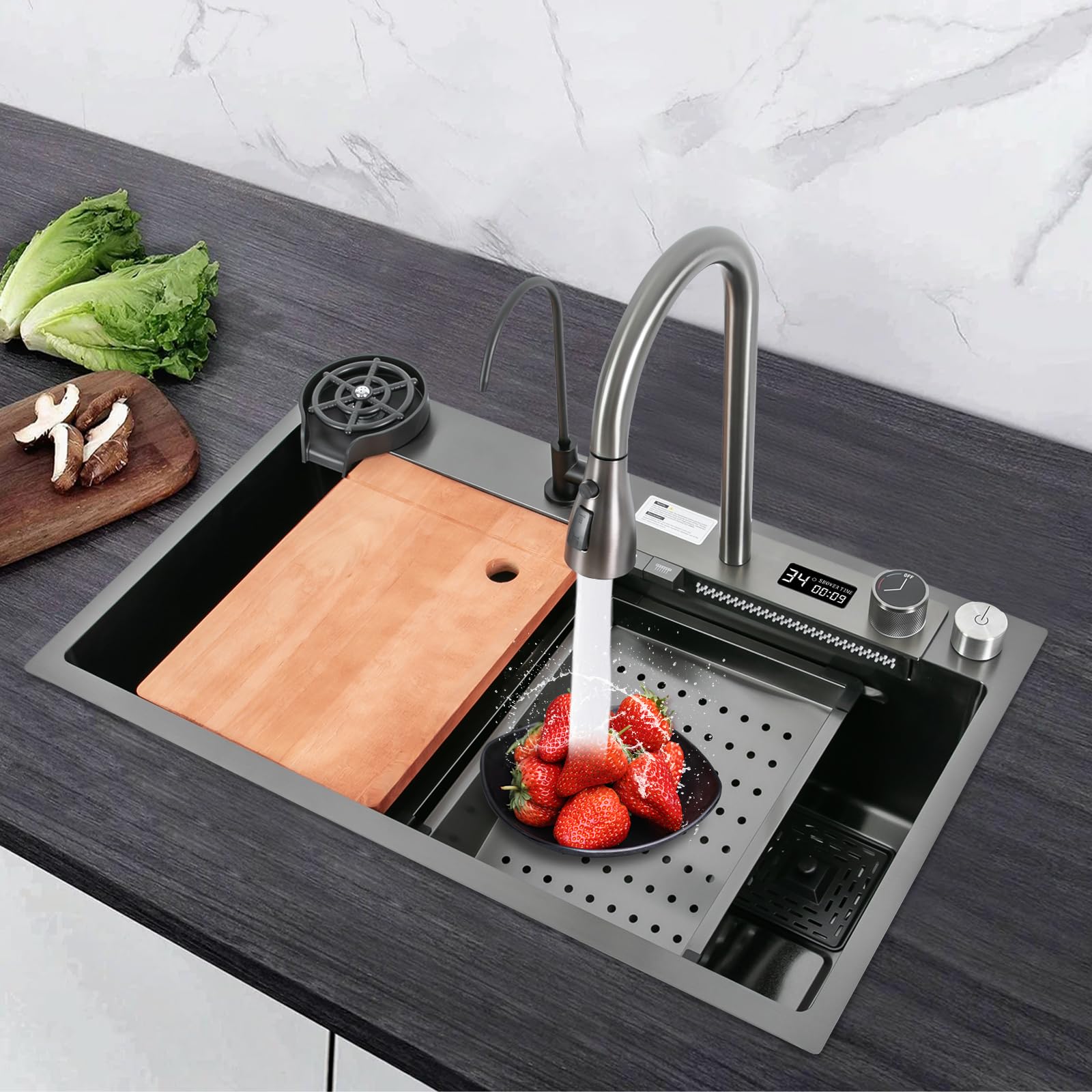 Fregadero de cocina con cascada, acero inoxidable con indicador de temperatura, grifo extensible, sifón, rebosadero y desagüe, moderno fregadero empotrable para cocina