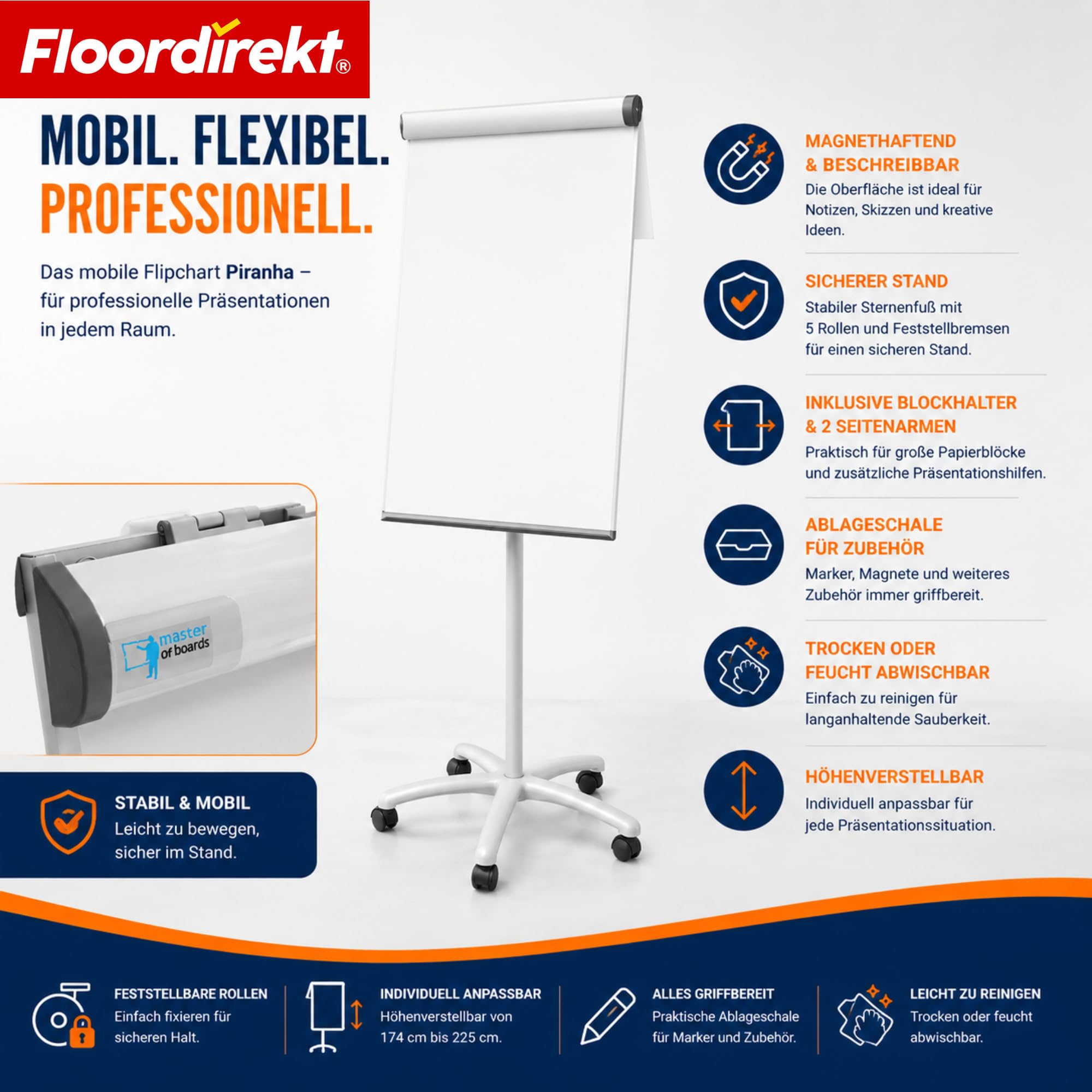 Floordirekt Pizarra magnética con soporte de rodillo, soporte para bloque y brazos laterales, magnético, se puede escribir y ajustar en altura, pizarra blanca, pizarra magnética, con bandeja de
