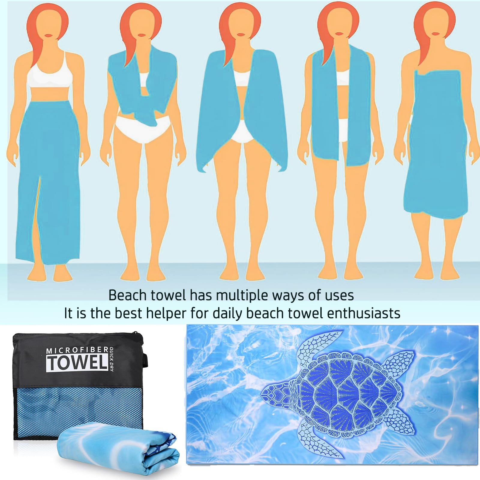 Lot de 2 serviettes de plage en microfibre pour adultes - Légères et à séchage rapide - Avec sac en filet - Anti-sable - Pour la plage, le camping, la natation, la salle de sport, le sport