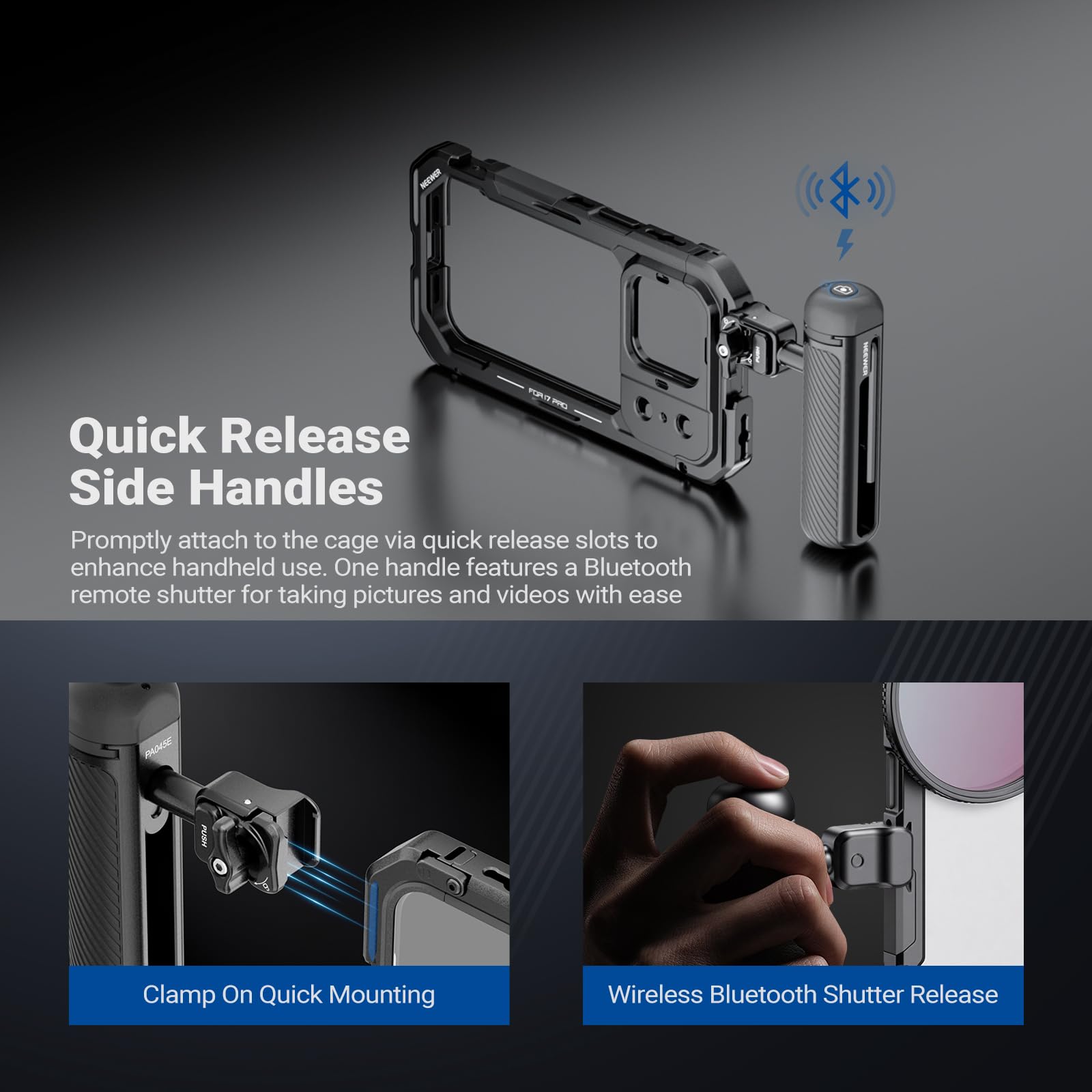 NEEWER Kit Jaula Movil Compatible con iPhone 17 Pro, Accesorio Estabilizador para Vídeo con 67mm Anillo Filtro, 17mm & T Mount Placa Trasera Objetivo, Asa Bluetooth Liberación Rápida, PA143 (Negro)