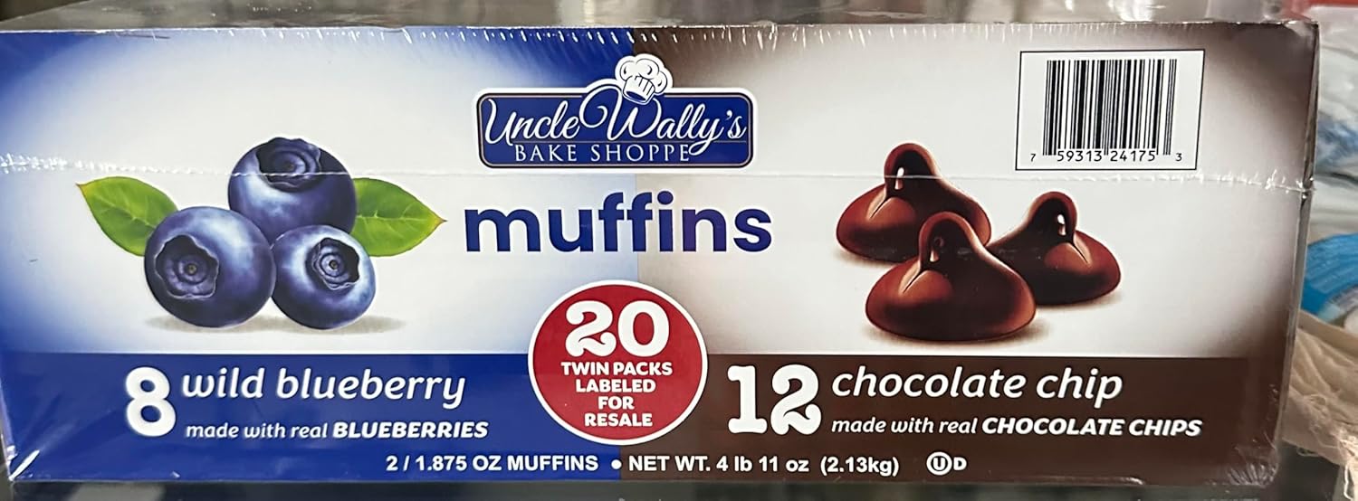 Uncle Wally's Bake Shoppe Muffins, Wild Blueberry and Chocolate Chip Variety Pack, 20 Twin Packs, 4.11 lb
