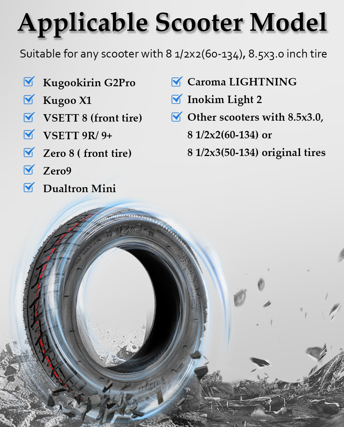 Felixstory 8.5x3.0 Inch Off Road Vacuum Tire, Fit for 8 1/2x2(60-134) Original Tire, Fit for Kugookirin G2Pro VSETT 8/9+ Zero 9 Caroma LIGHTNING Electric Scooter, Inner diameter 13cm Fit for 5.5