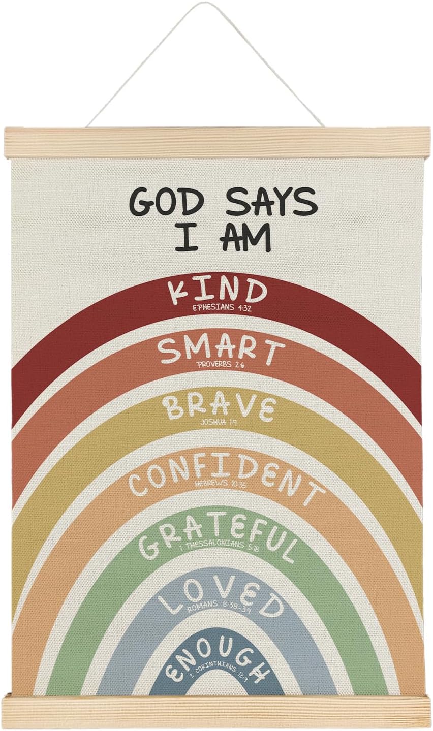 ATBWGT Inspirational Boho Rainbow Inspirational Christian Wall Art Decor, God Says I Am Religious Bible Verse Poster Hanger Frame for Kids Girl Boy Room Nursery Playroom Classroom, 12x16 Inch
