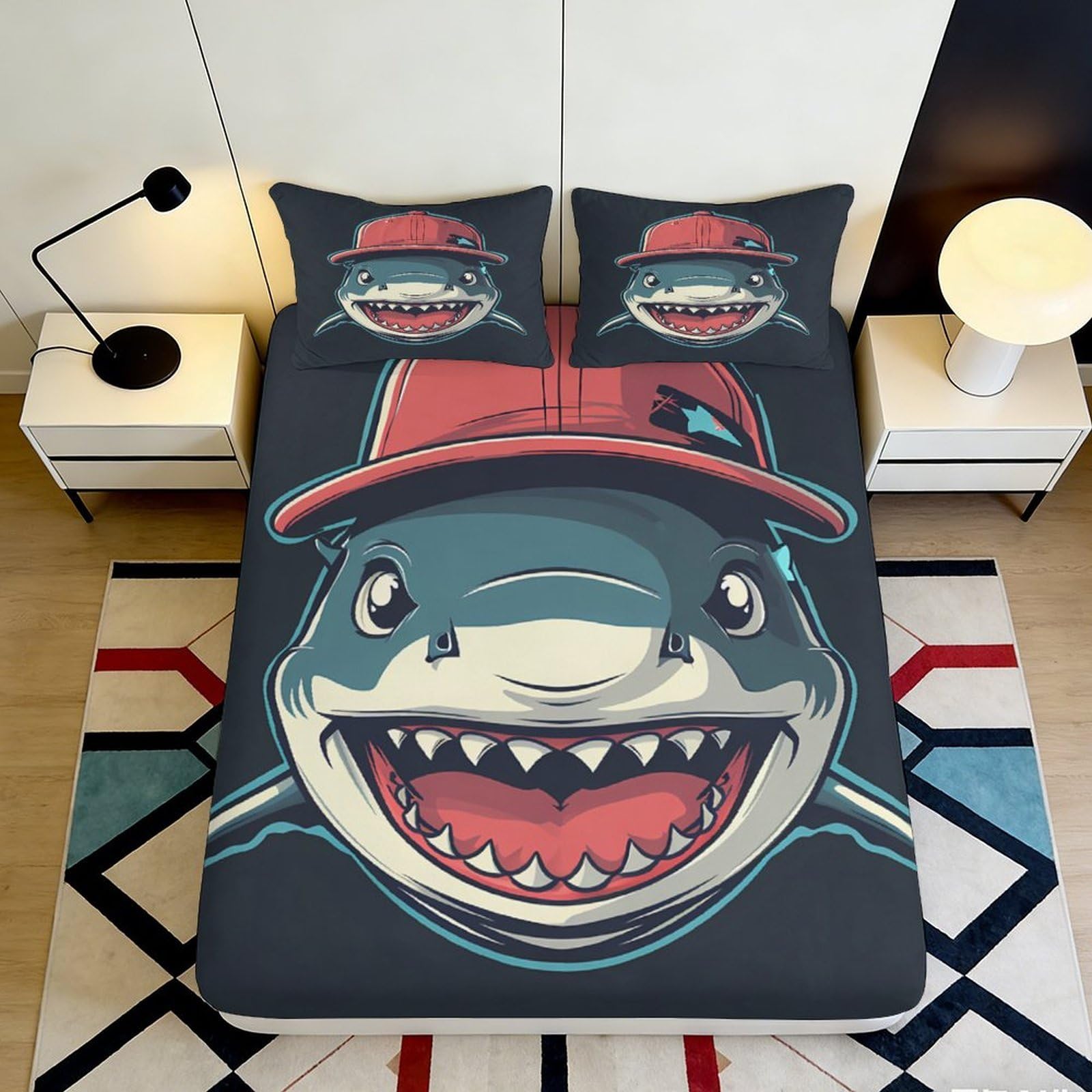 3D Printed Cartoon Shark Fitted Sheet Microfiber Soft Breathable Baseball Cap Bed Sheet for Bedroom Dorm Decor 90x200x25cm