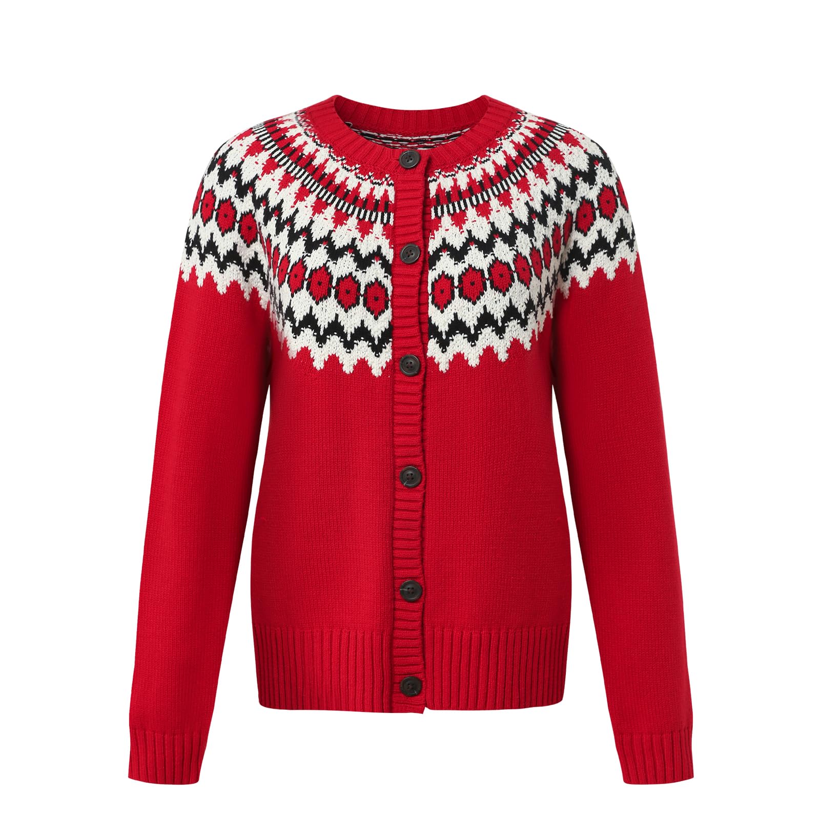Womens Crew Neck Long Sleeve Open Front Button Down Red Casual Knitted Cardigan Sweater
