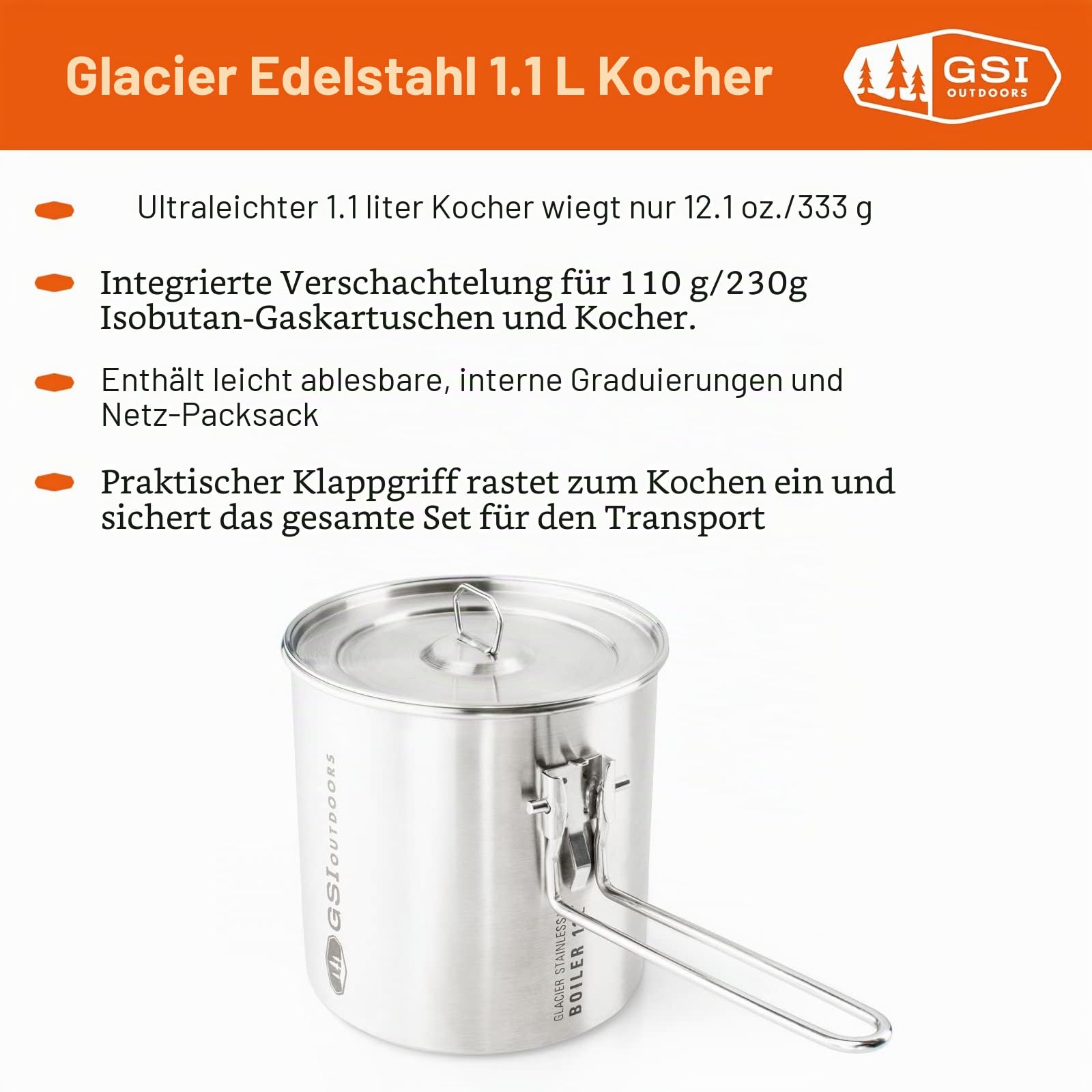 GSI Outdoors Glacier Stainless 1.1L Boiler for Ultralight Backpacking and Camping