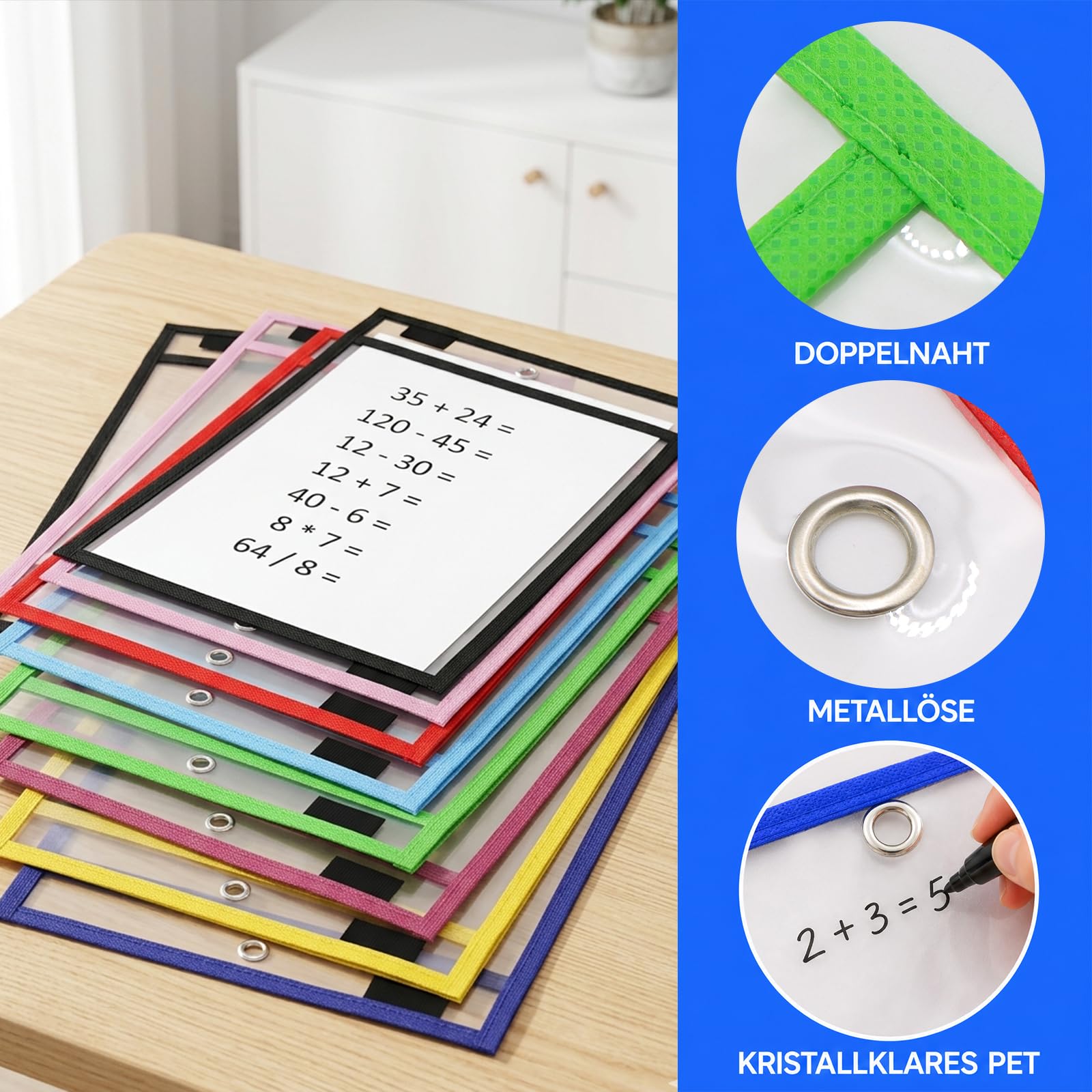 16 Stück Dry Erase Taschen, Abwischbare Durchsichtige Hüllen mit 16 Löschbare Stifte und 3 Radiergummi, A4 Wiederverwendbar Dry Erase Pockets für Schule, Büro, Zuhause