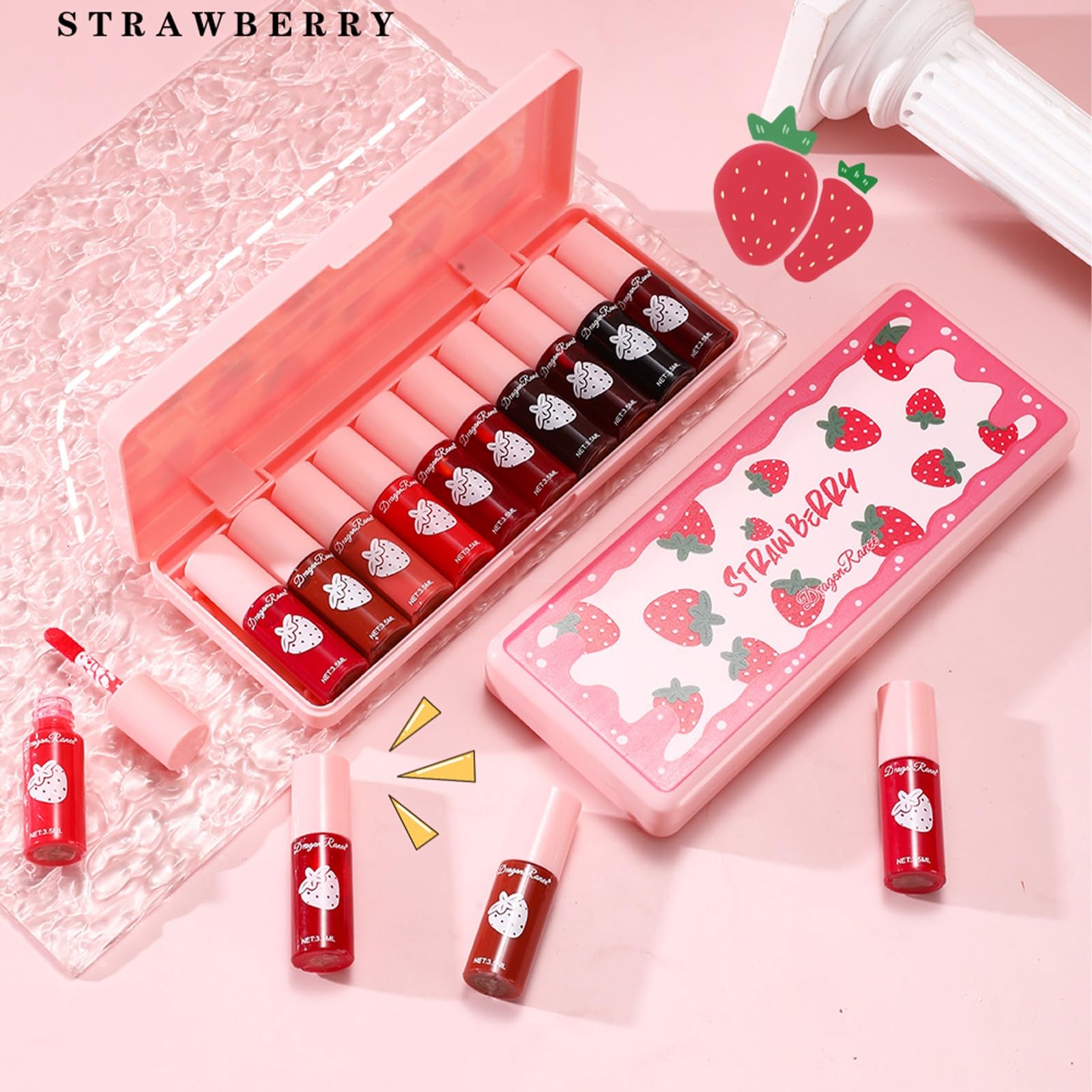 Set mit 10 Lippenstiften mit glänzenden und matten Lippenstiften, mit Mini-Glanz, lang anhaltend und schnell trocknend, ideal als Geschenk für Make-up (Erdbeere, Lipgloss).