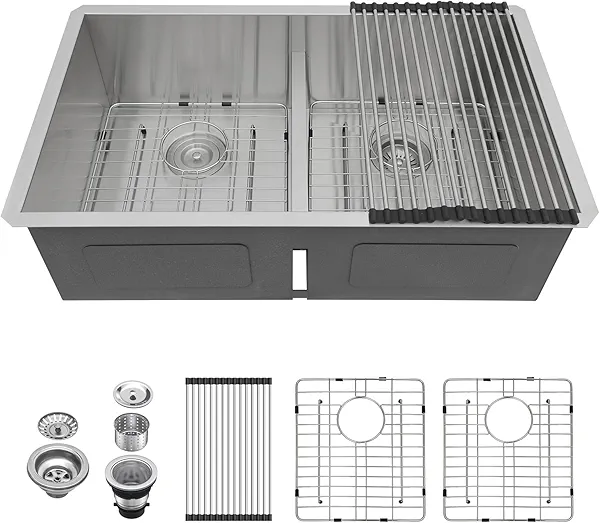 Lordear 36 Inch Kitchen Sink Double Bowl Stainless Steel Kitchen Sinks 36x19 Large Undermount Sinks Double Bowl 10 Inch Deep Sink 50/50 Handmade