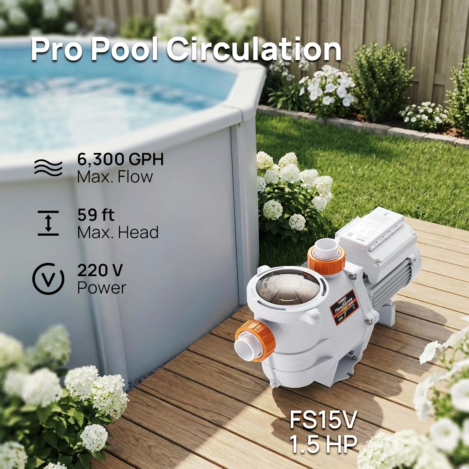 TURBRO 1.5 HP Variable Speed Swimming Pool Pump, 6,300 GPH High Flow Self-Priming Pump for Above-Ground Pools, with Strainer Basket, 1.5” and 2.0” NPT Fittings, 220-240V, FS15V