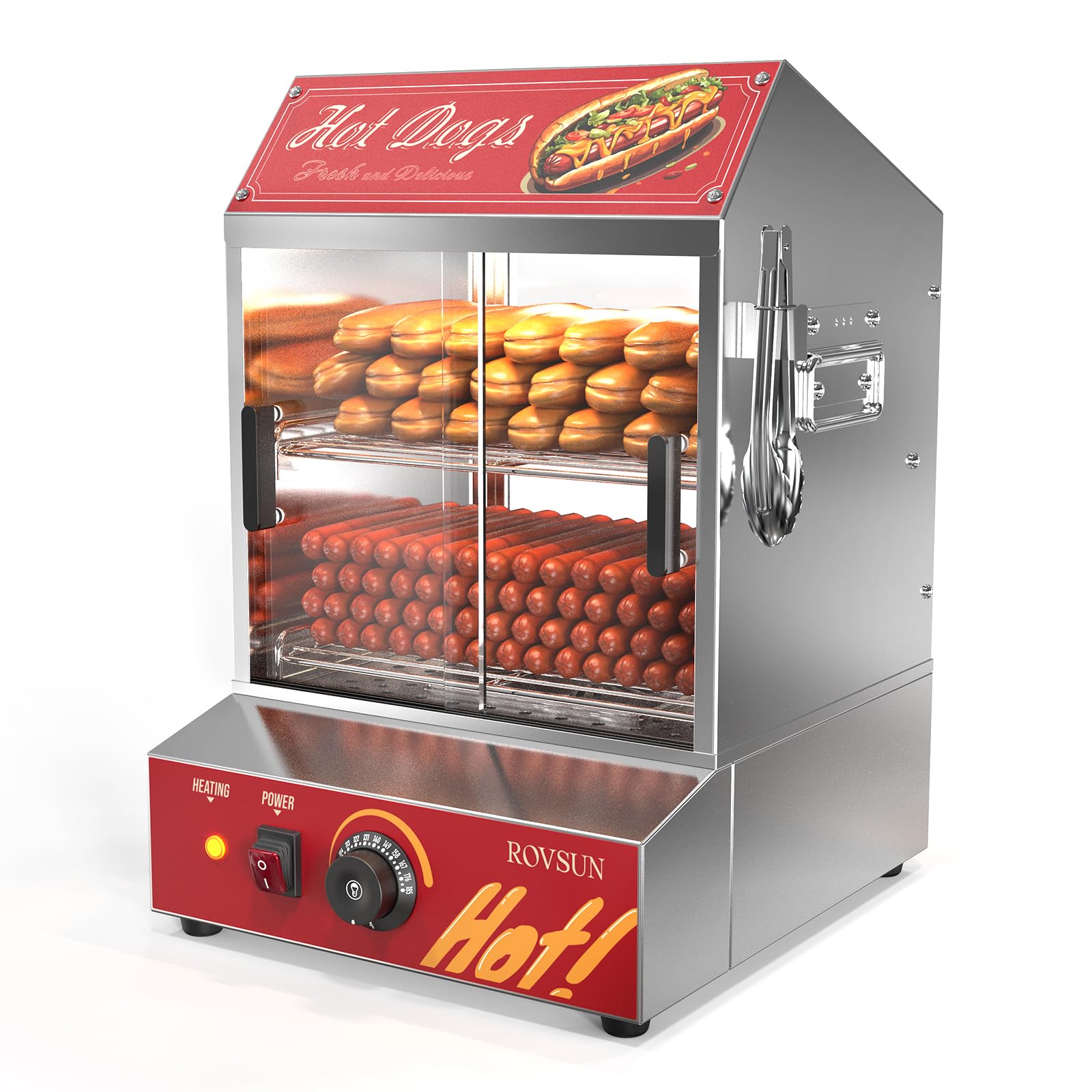ROVSUN 31.7QT/30L Hot Dog Steamer, 2-Tier Hut Steamer Hot Dog Steamer with 175 Hot Dogs & 40 Buns Capacity Bun Warmer Cooker with Removable Shelves Food Clip for Party Event Concession Stand