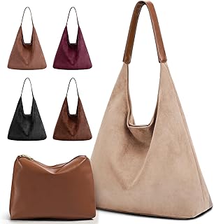 Hommtina 2-Piece Vegan Leather Purse Set for Women: Slouchy Hobo Shoulder Bag & Suede Tote Bag