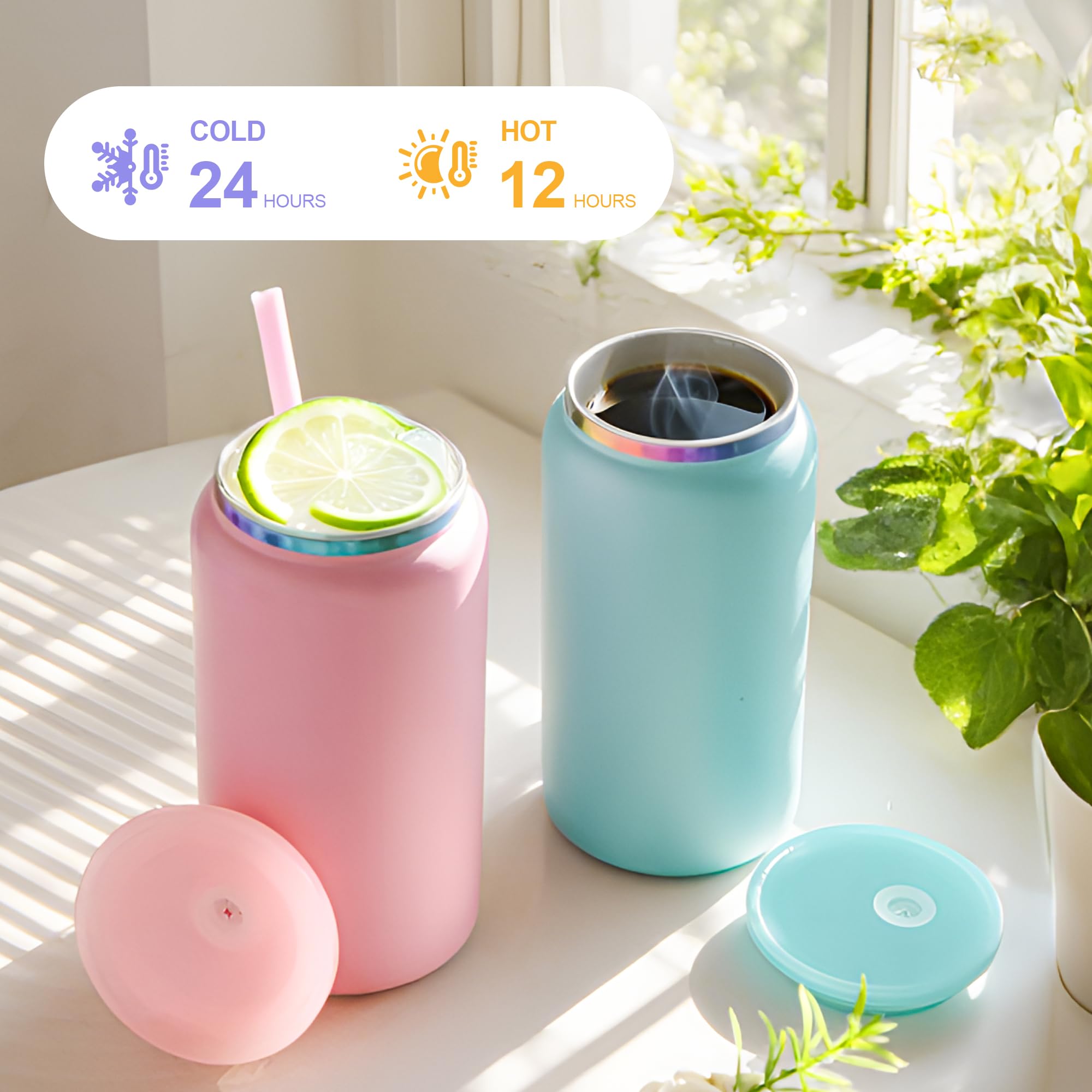 6er-Pack Glasbecher mit Deckel und Strohhalm, unzerbrechlicher 16-oz-Dosenbecher aus Edelstahl, doppelwandig, isoliert, Bierdosenbecher für Eiskaffee, Saft, Limonade, matt gefärbt