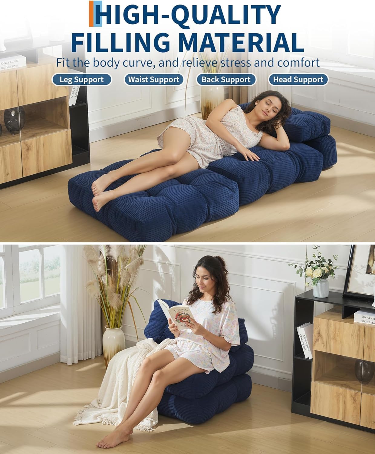 Sofá Cama Tipo Futón De Suelo 190 CM, Colchón Plegable, Incluye Almohada | Sin estructura, colchón plegable integrado, Incluye respaldo y almohada, Funciona como chaise longue, salón y dormitorio