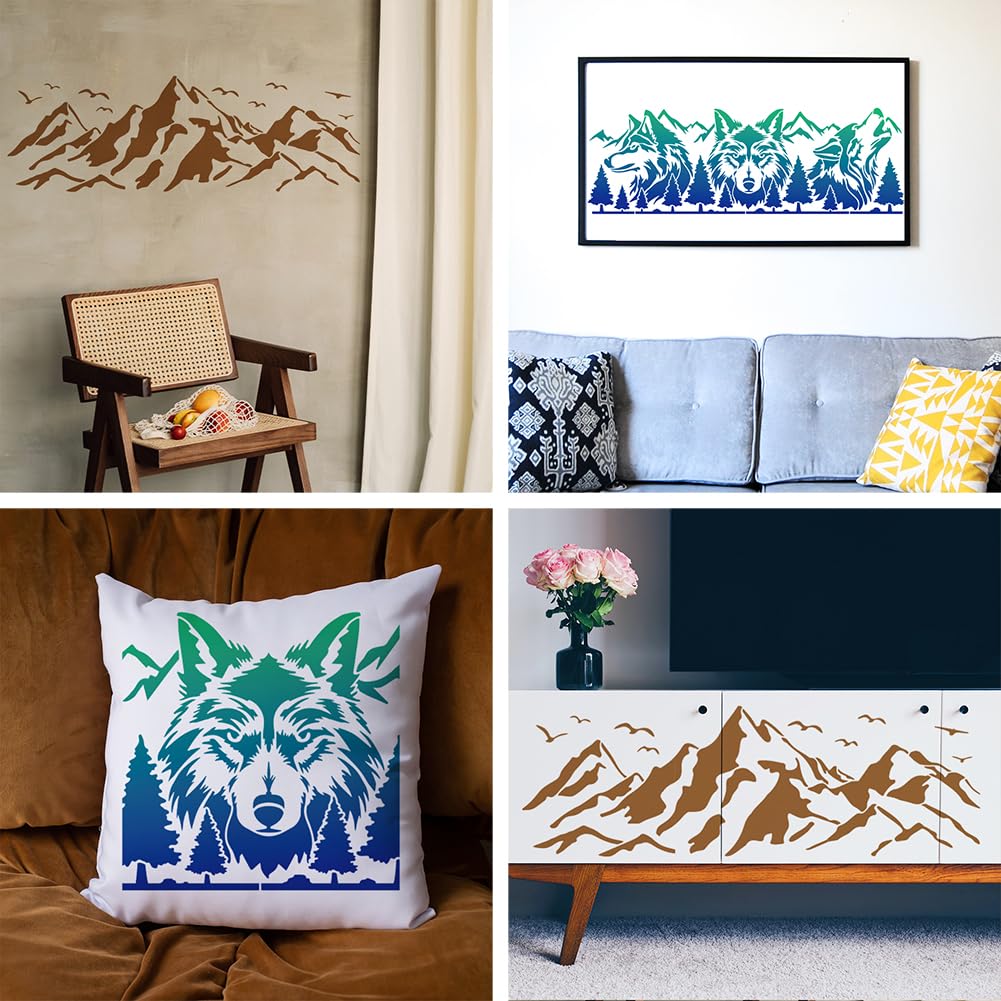 MAYJOYDIY 9 plantillas de montaña con diseño de lobo, 30 x 30/29,7 x 21 cm, plantillas reutilizables con pincel de pintura para manualidades en ventanas, madera, pared, decoración del hogar