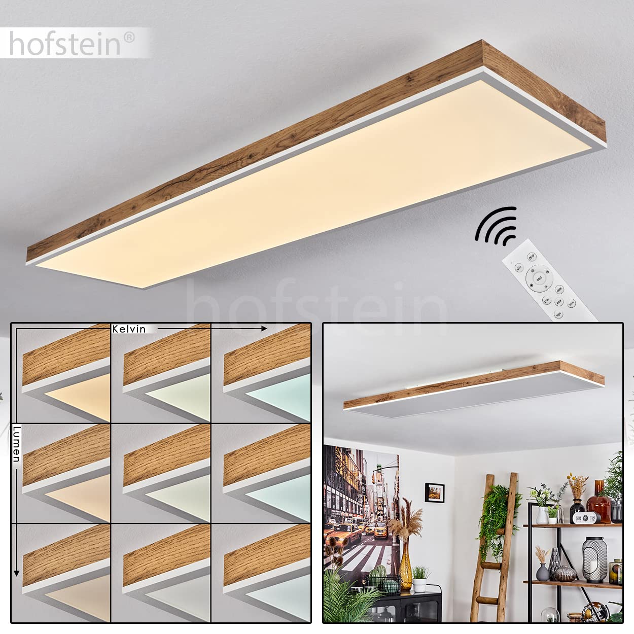 Plafón LED Salmi, plafón de metal/MDF/plástico en blanco/madera/marrón, panel LED regulable/cambiable de color de luz con mando a distancia, 150-2250 lúmenes, 2700-6500 Kelvin, 1 x LED 36 vatios