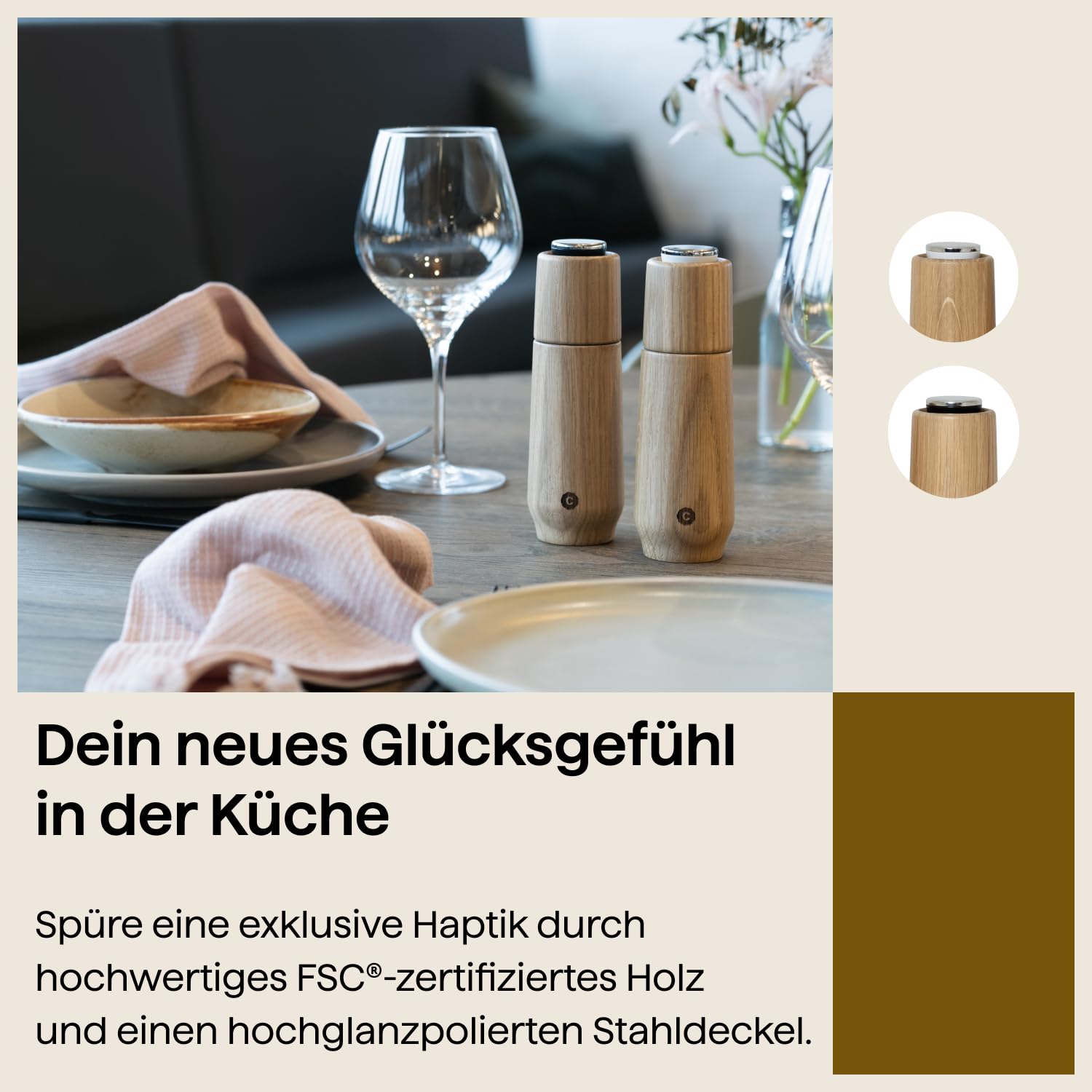 Crushgrind Champagne Gewürzmühle Set aus Eiche mit Keramikmahlwerk | 2x Salz und Pfeffermühle mit verstellbaren Mahlgrad | Set Kräutermühle aus hochwertigen, nachhaltigen Materialien | Eiche 170 mm