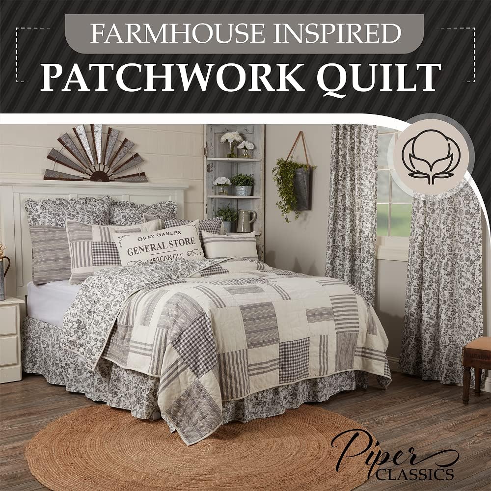 Piper Classics Gray Gables Cali King Patchwork and Floral Reversible Quilt, with Gingham Check, Grain Sack and Gray Ticking Stripes for Boho Chic and Rustic Farmhouse Bedroom Decor (103”x103”)